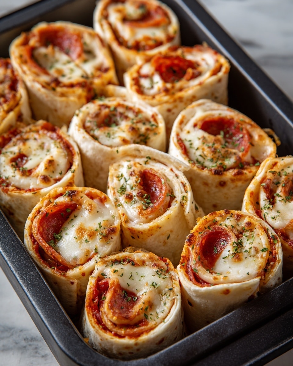 The image shows a tray filled with around thirteen rolled pizza bites, each standing upright and packed closely together. Each roll has a base layer of pale, soft tortilla or flatbread, wrapped tightly around a layer of reddish tomato sauce and slices of bright red pepperoni, topped with melted, light golden cheese sprinkled with green dried herbs. The edges of the rolls are slightly browned, giving a crispy texture, and the cheese is creamy with some brown spots from baking. The tray is deep and black, set on a white marbled surface that contrasts with the warm colors of the pizza rolls. photo taken with an iphone --ar 4:5 --v 7