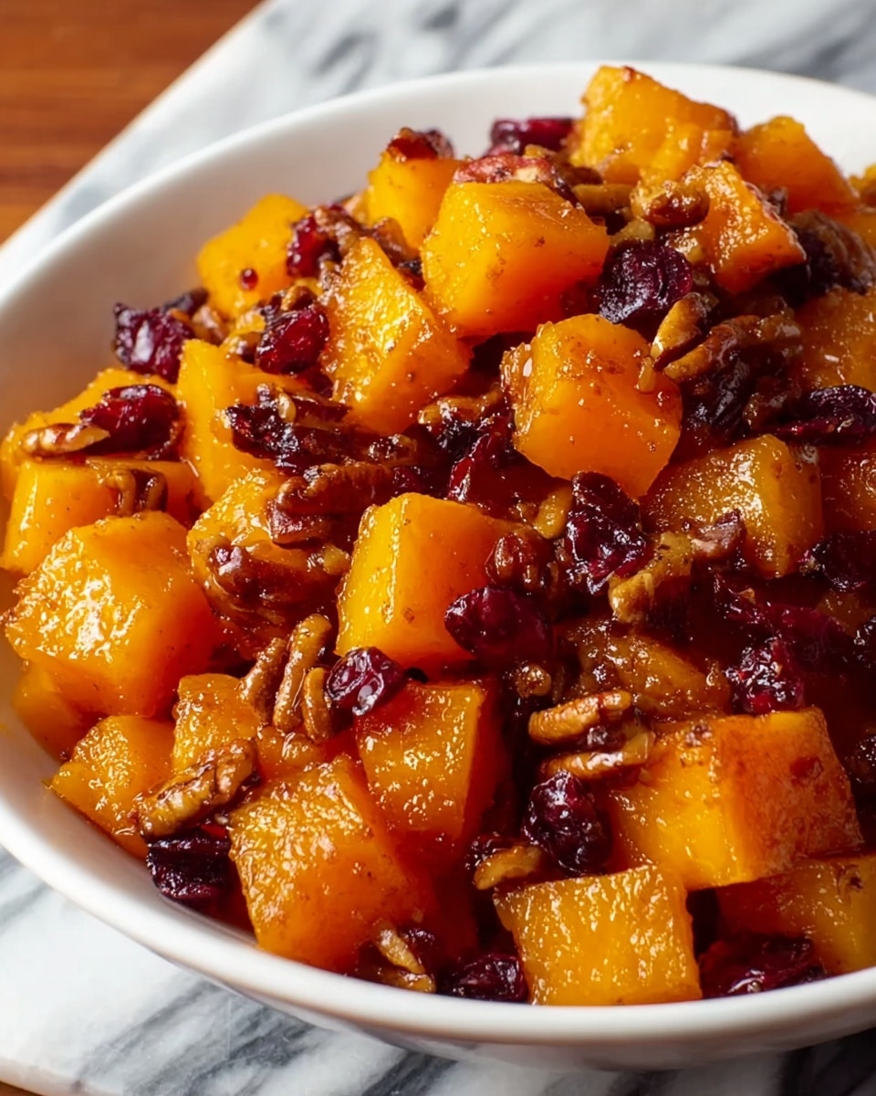 This image shows a close-up of a dish in a white bowl filled with chunky pieces of cooked orange butternut squash mixed with small, dark red dried cranberries and brown pecan nuts. The squash cubes have a soft but firm texture, slightly glossy from a coating likely made with syrup or spices. The cranberries and pecans are spread evenly among the squash, giving the dish a mix of smooth and crunchy textures. The bowl sits on a wooden surface, but the background is changed to a white marbled texture. photo taken with an iphone --ar 4:5 --v 7