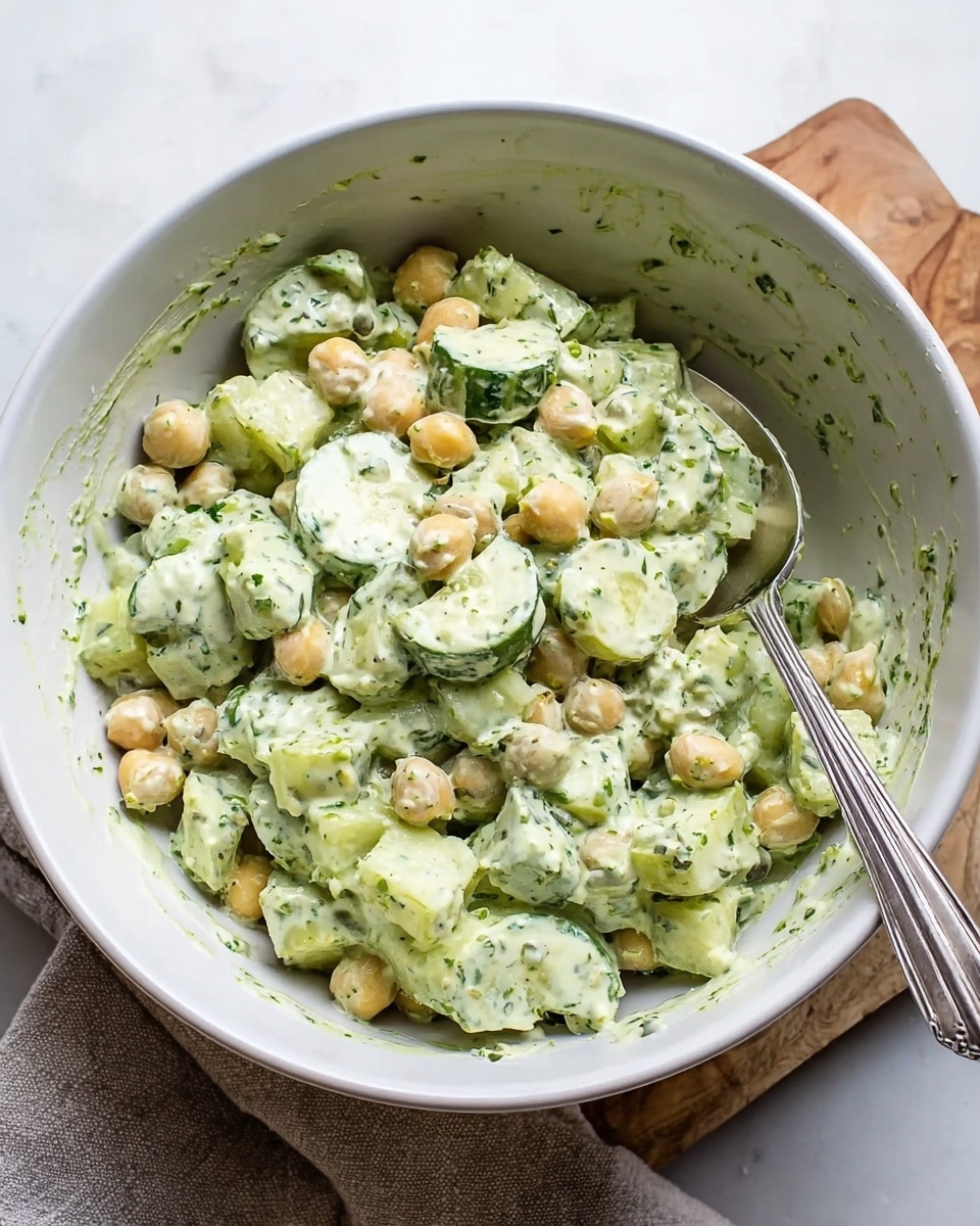 A white bowl filled with a creamy salad made of light green cucumber slices, beige chickpeas, and chopped celery pieces, all coated in a thick, pale green herb dressing with small green specks. The inside of the bowl has traces of the dressing smeared around its sides. A silver spoon is resting inside the bowl on the right side, partially submerged in the salad. The bowl is placed on a white marbled surface with a piece of brown wood and light cloth visible nearby. photo taken with an iphone --ar 4:5 --v 7