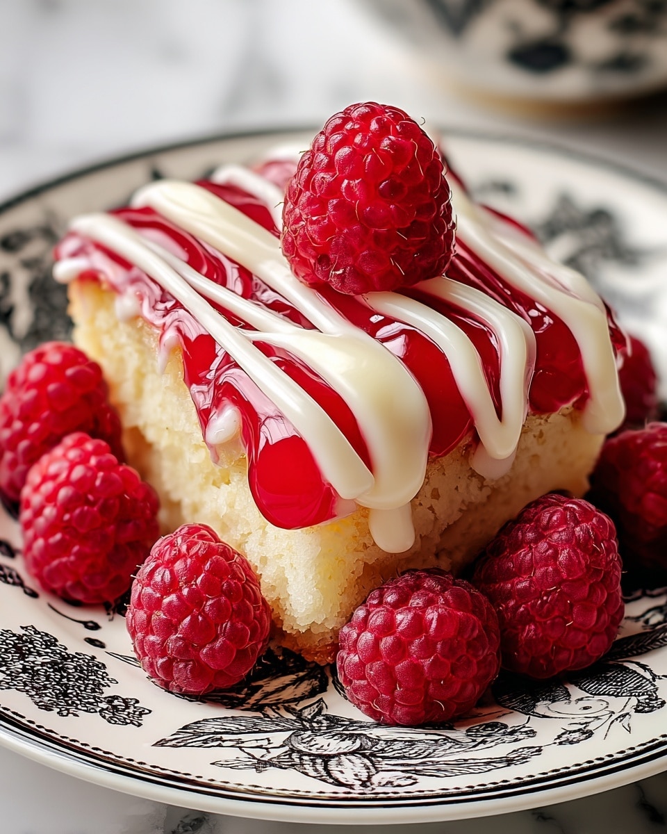 A square piece of soft, light yellow cake sits on a white plate with a detailed black floral pattern. The cake is topped with a shiny, bright red raspberry glaze layer, which is unevenly coated with smooth, thick white cream drizzled in lines from top to bottom. On top of the cake rests a fresh, plump raspberry, and several more raspberries surround the cake on the plate. The plate is placed on a white marbled surface. photo taken with an iphone --ar 4:5 --v 7