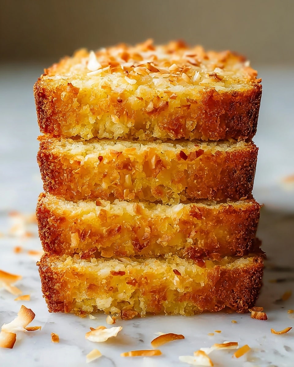 A close-up view of four stacked slices of golden brown coconut cake with a crispy, toasted outer layer and moist, dense inner texture showing bits of shredded coconut throughout. The edges appear crunchy and slightly darker, while the top is sprinkled with golden toasted coconut flakes, creating a textured finish. The cake slices are placed on a white marbled surface with scattered toasted coconut pieces around them, emphasizing the cake’s rich texture and warm hues. photo taken with an iphone --ar 4:5 --v 7