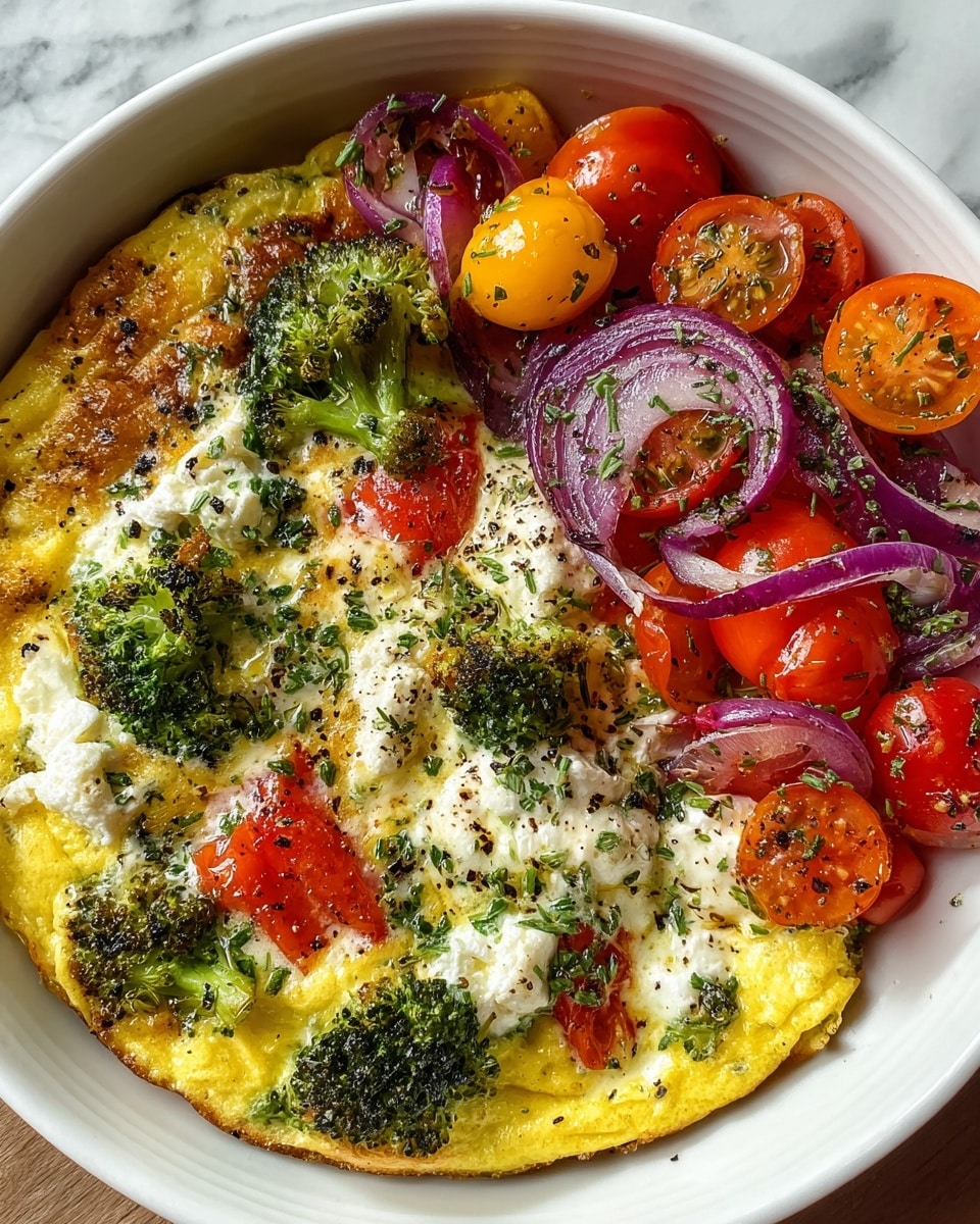 A white bowl filled with a colorful vegetable frittata and a side of roasted cherry tomatoes and red onion slices. The frittata layer is yellow and fluffy with visible pieces of green broccoli, white cheese that is slightly browned in spots, and small chunks of red tomatoes, all mixed into the egg base. On one side of the bowl, a pile of glossy roasted red and yellow cherry tomatoes with soft skins is topped with a few curved slices of cooked purple-red onion rings. The dish is garnished with small bits of green herbs and black pepper sprinkled on top. The background is a white marbled texture. photo taken with an iphone --ar 4:5 --v 7