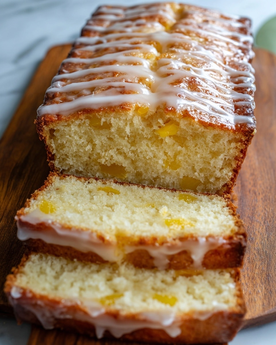 A loaf cake sits on a white plate placed on a white marbled surface, sliced into multiple thick layers. The top of the cake is golden brown with a slightly rough texture, drizzled with white icing in uneven lines across the surface. The inside layers of the cake show a soft, moist crumb with small pieces of yellow fruit or zest scattered throughout. The bottom slice of the cake is pulled slightly forward, revealing the dense, moist interior and more of the white icing that pools lightly at the base. The overall look is warm and inviting, perfect for a sweet treat. photo taken with an iphone --ar 4:5 --v 7