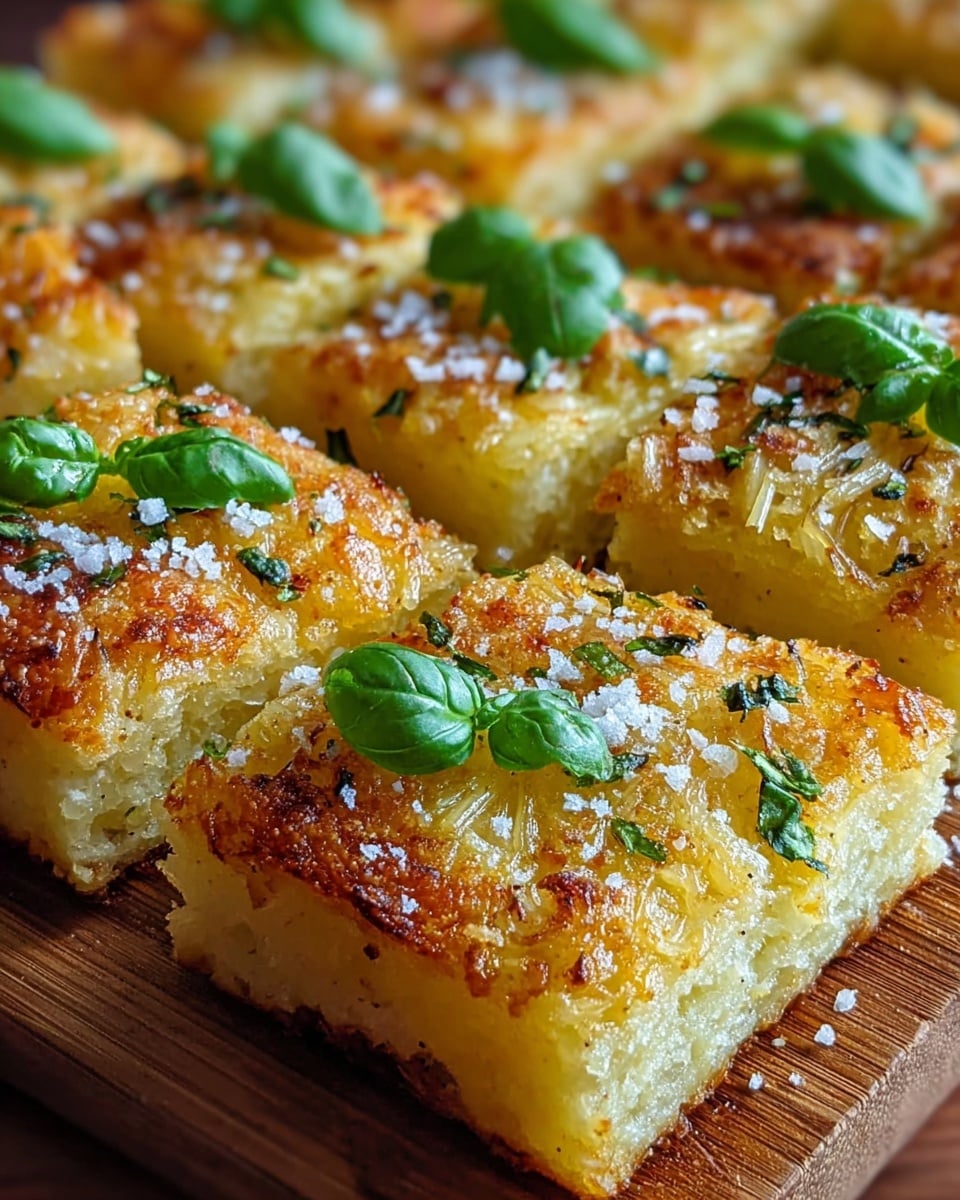 A close-up view of golden-brown baked square slices with a crispy top layer sprinkled with coarse white salt and garnished with fresh green basil leaves. Each square shows a textured surface with thin, pale yellow strands or layers inside, suggesting a light, airy inside beneath the crispy top. The slices are placed in neat rows on a wooden board, highlighting the contrast between the crunchy edges and soft inside. The overall color palette includes golden yellow, light green, and white salt crystals against the warm wood. photo taken with an iphone --ar 4:5 --v 7