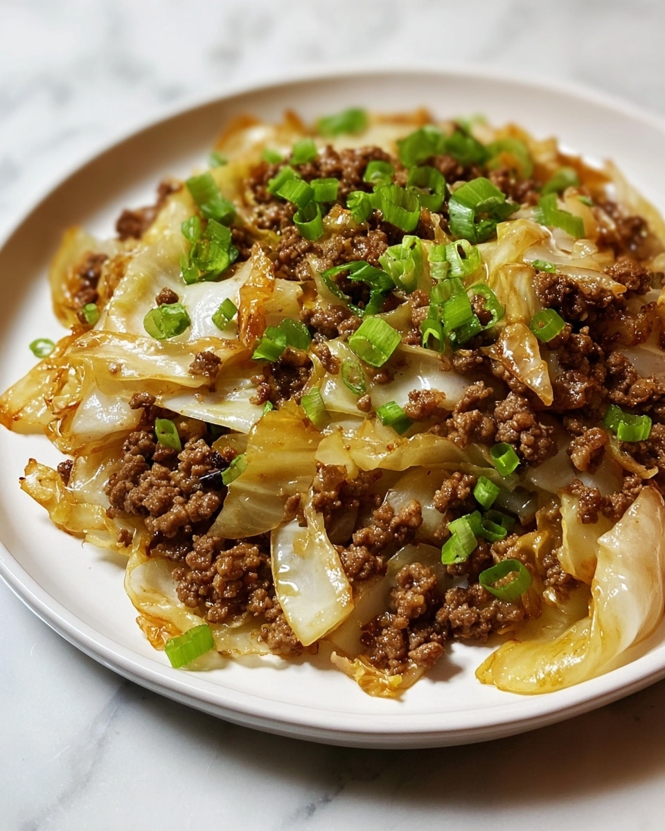 The dish shows layers of cooked ground meat mixed with soft, lightly browned cabbage pieces on a white plate, topped with small, bright green sliced scallions scattered evenly on top. The meat is brown and crumbly, while the cabbage pieces are translucent with some caramelized edges, creating a mix of smooth and slightly crispy textures. The white plate sits on a white marbled surface, highlighting the warm colors of the food. photo taken with an iphone --ar 4:5 --v 7