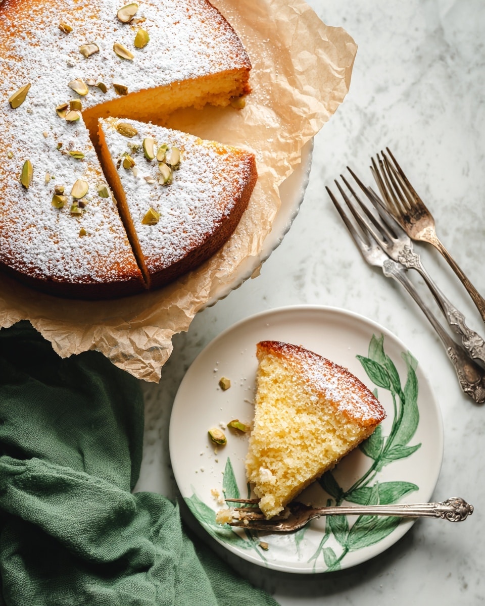 A single-layer round cake with a golden-brown crust is shown, topped with a light dusting of powdered sugar and scattered chopped pistachios. One slice is cut and placed on a white plate with a green leafy rim design, resting on a piece of crinkled parchment paper. The cake inside has a light yellow, fluffy texture with pistachio bits visible. A fork rests on the plate with a small bite of the cake on its tines. The whole cake sits on a white cake stand lined with parchment paper, both placed on a white marbled surface with a green cloth and silver forks nearby. photo taken with an iphone --ar 4:5 --v 7
