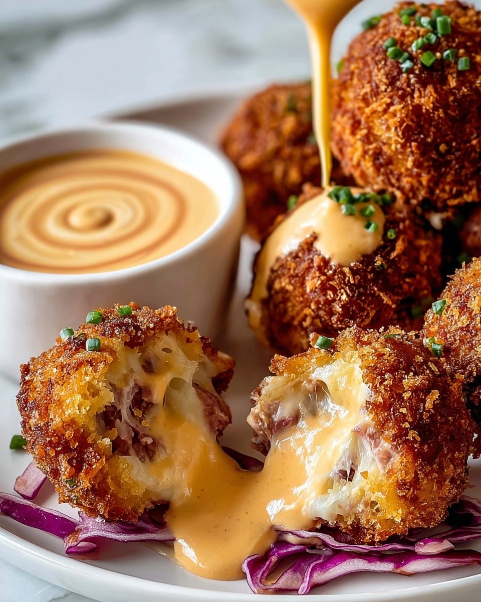 The dish shows several crispy golden brown fried balls on a white plate, each with a crunchy textured outside covered with small green chive pieces. One ball is cut open in the front, showing gooey melted white cheese mixed with bits of meat inside. Creamy light orange sauce is dripping from above onto the cut-open ball and pooling on thin slices of purple and white cabbage at the bottom. Behind, there is a white bowl filled with the same creamy sauce, with a swirl in the middle. The background is a white marbled texture. photo taken with an iphone --ar 4:5 --v 7