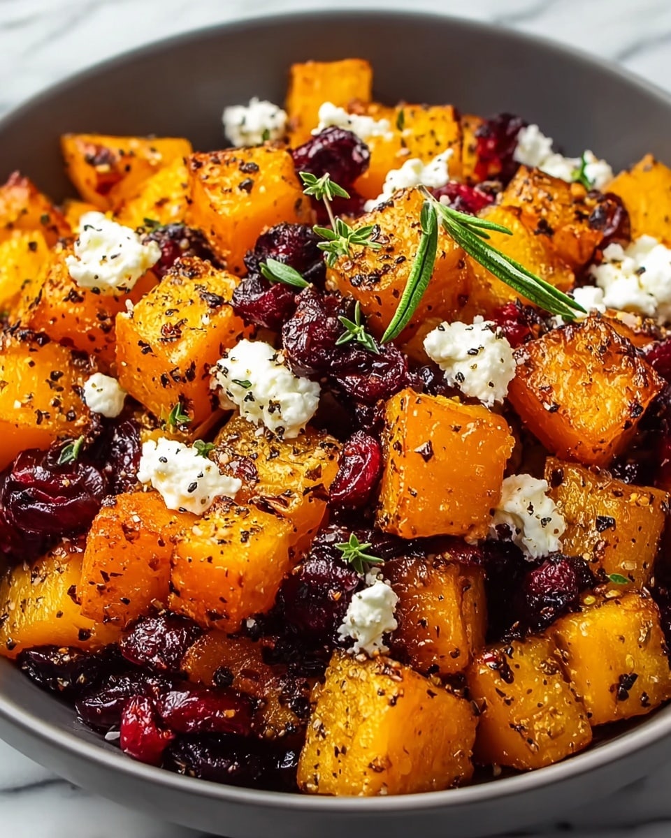 A close-up view of a dish in a white bowl showing bright golden-orange roasted butternut squash cubes with a slightly crispy, seasoned surface, mixed with dark red cranberries that appear plump and juicy. Scattered on top are small chunks of white, crumbly goat cheese and a few fresh green sprigs of herbs, adding texture and color contrast. The dish looks seasoned with visible black pepper flakes giving a rustic, hearty feel. The white bowl rests on a white marbled texture. photo taken with an iphone --ar 4:5 --v 7