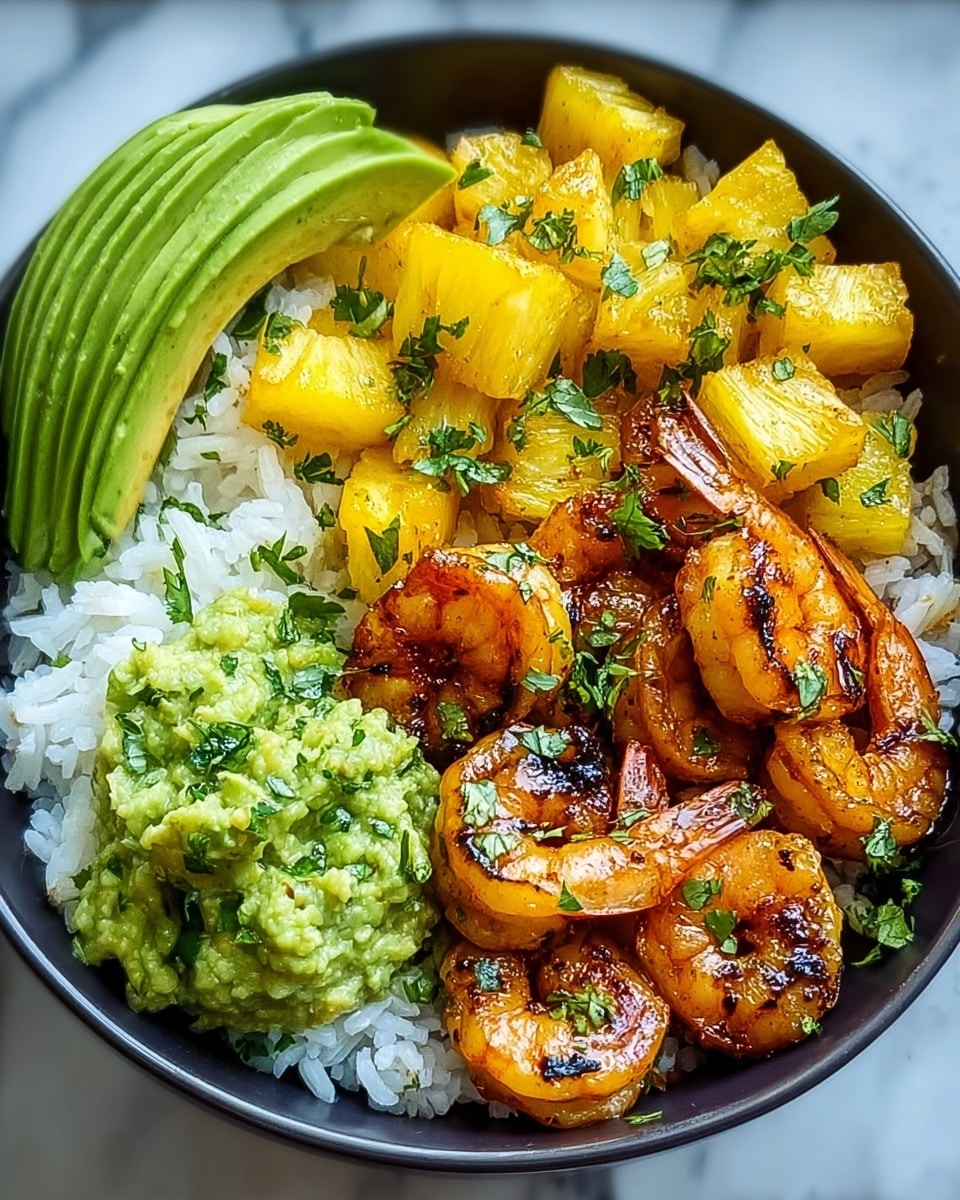 A white bowl filled with a colorful shrimp dish, divided into four main parts: at the bottom, there is a layer of fluffy white rice, topped on one side with a smooth, bright green guacamole; next to it are several golden-brown grilled shrimp, glistening with a slight char and sprinkled with chopped cilantro; to the right, there are small cubes of yellow grilled pineapple, also sprinkled with chopped cilantro; on the far left, thin slices of fresh avocado with a bright green color fan out along the bowl’s edge, all placed on a white marbled surface. Photo taken with an iphone --ar 4:5 --v 7