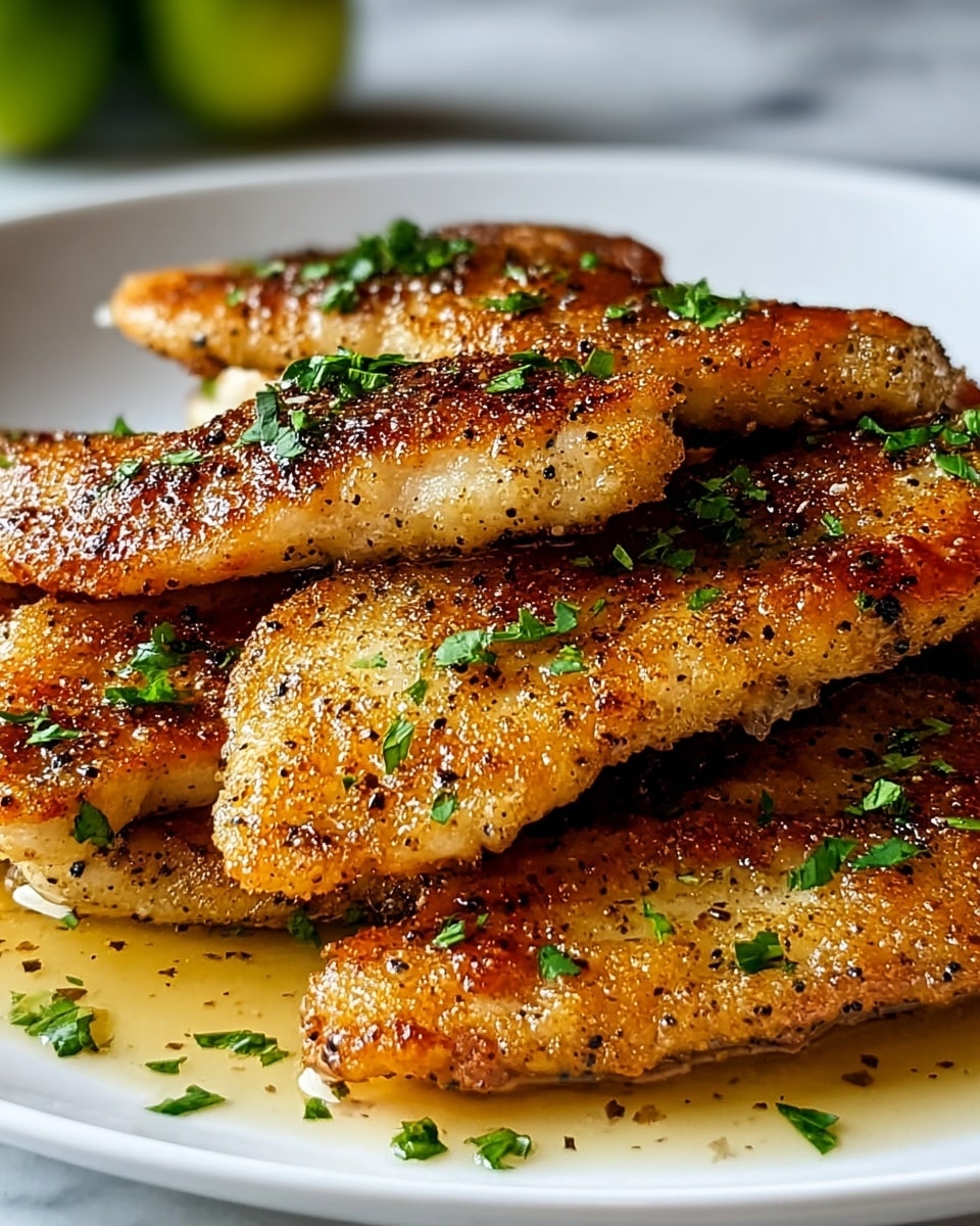 The image shows a close-up of a white plate filled with several pieces of golden-brown, pan-fried fish fillets. Each piece has a crispy, textured surface with small black pepper spots and is garnished with finely chopped green herbs scattered on top and around. The fish pieces are layered in a slightly overlapping way, sitting in a small pool of glossy oil that adds a shiny effect to the crispy crusts. The background is a white marbled texture, and a blurred green object is seen faintly in the background. photo taken with an iphone --ar 4:5 --v 7