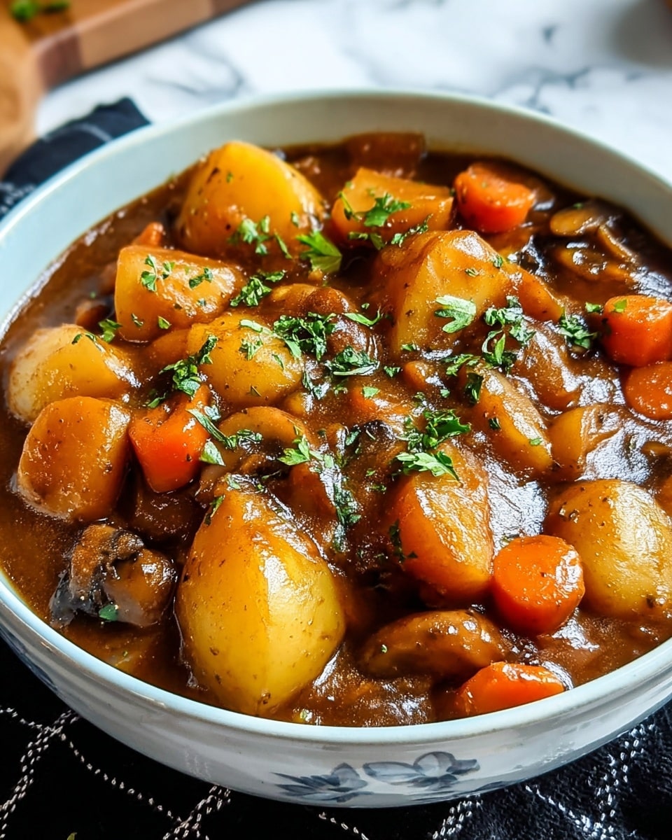 A bowl filled with a thick stew showing about three layers of large, soft chunks of potatoes in pale yellow color, bright orange carrots, and small pieces of brown mushrooms, all coated in a rich, brown gravy that looks glossy and smooth. The dish is sprinkled on top with small bits of fresh green herbs. The bowl is white with a subtle blue pattern around the outside, sitting on a white marbled surface with a black and white cloth partially underneath it. Photo taken with an iphone --ar 4:5 --v 7