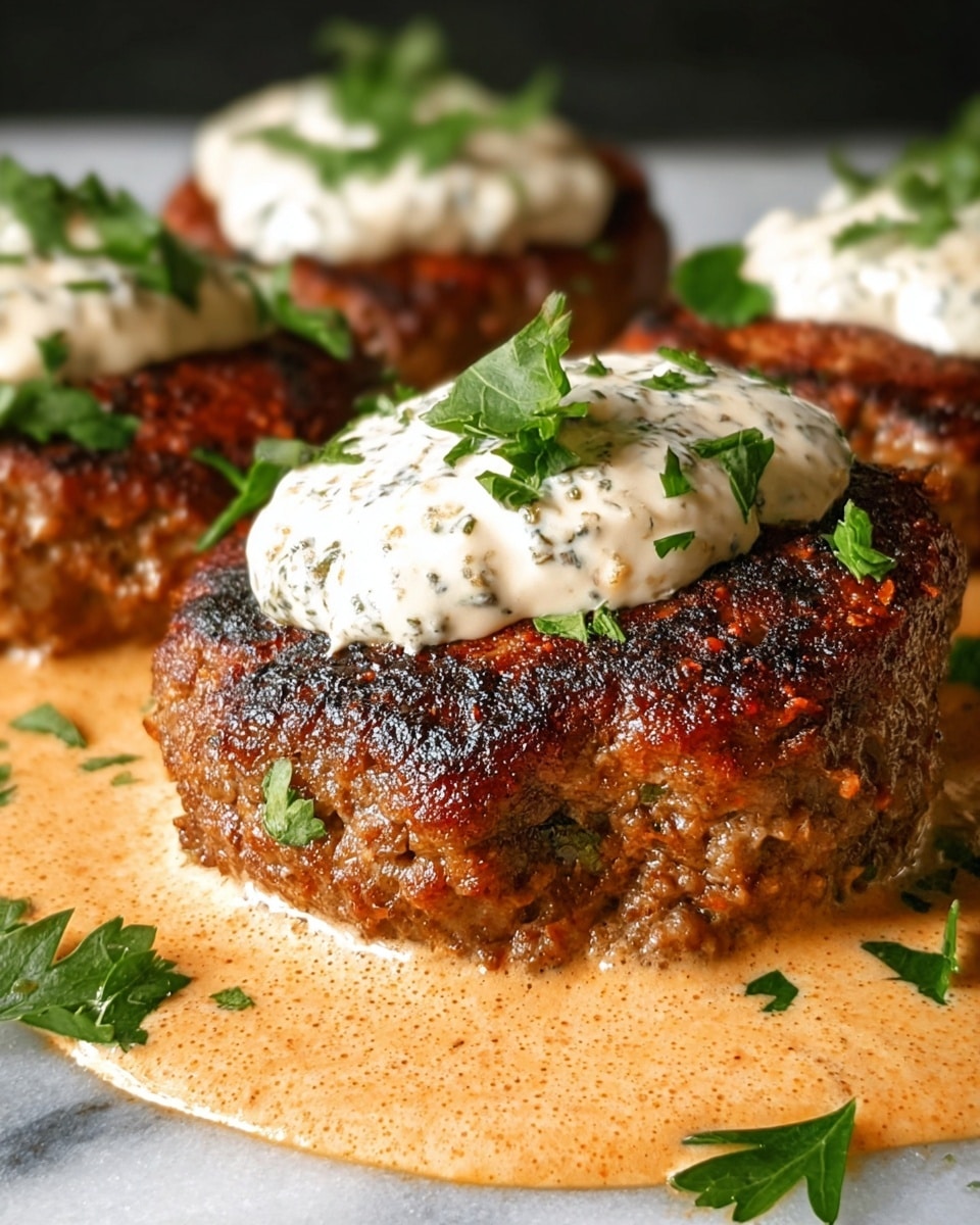 The image shows three thick, grilled meat patties with a rich brown, slightly charred outer surface, sitting on a layer of creamy, light orange sauce that pools beneath them. Each patty has a dollop of white, creamy sauce on top, speckled with herbs, and garnished with fresh, chopped green parsley. The patties are placed close together, and the focus is on the patty in the front, highlighting its juicy, textured meat and the smoothness of the sauce. The background is a white marbled texture. photo taken with an iphone --ar 4:5 --v 7