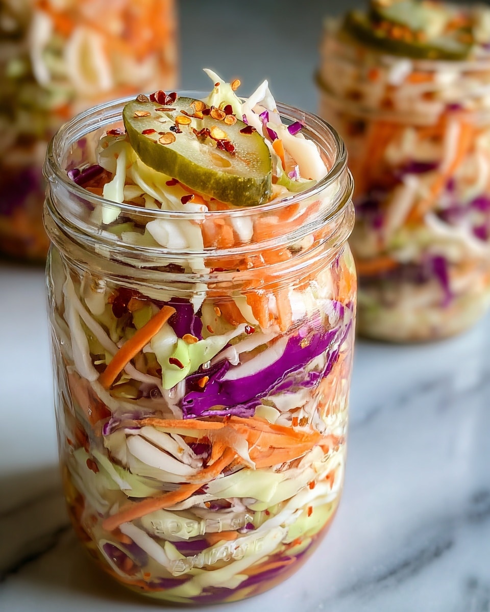 A clear glass jar filled with a colorful mix of shredded vegetables visible in layers: at the bottom, light green cabbage and white cabbage shreds, above them thin orange carrot strips mixed with purple cabbage slices, topped with a pickle slice and sprinkled with red chili flakes and black pepper. The vegetables inside the jar show a fresh, crunchy texture with small drops of dressing spread throughout. The jar sits on a white marbled surface, with a blurred second jar filled similarly in the background. photo taken with an iphone --ar 4:5 --v 7