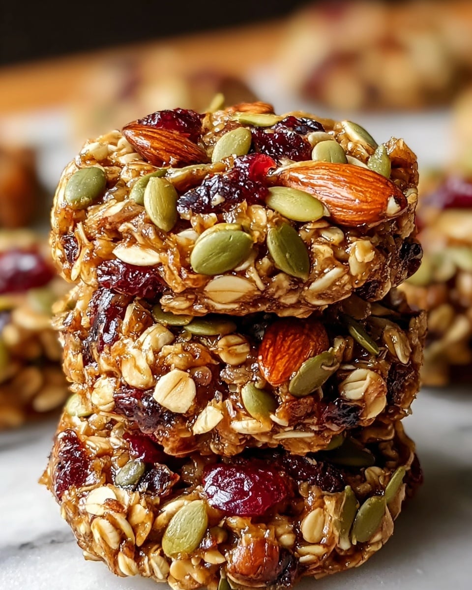 A close-up image of a stack of three round granola cookies, each cookie showing a dense mix of oats, whole almonds, green pumpkin seeds, pale sunflower seeds, and bright red dried cranberries on the top layer, with a rough textured light brown base holding all the ingredients together. The cookies have a slightly sticky and glossy look from the binding syrup. The background has more cookies on a white marbled surface blurred softly. photo taken with an iphone --ar 4:5 --v 7