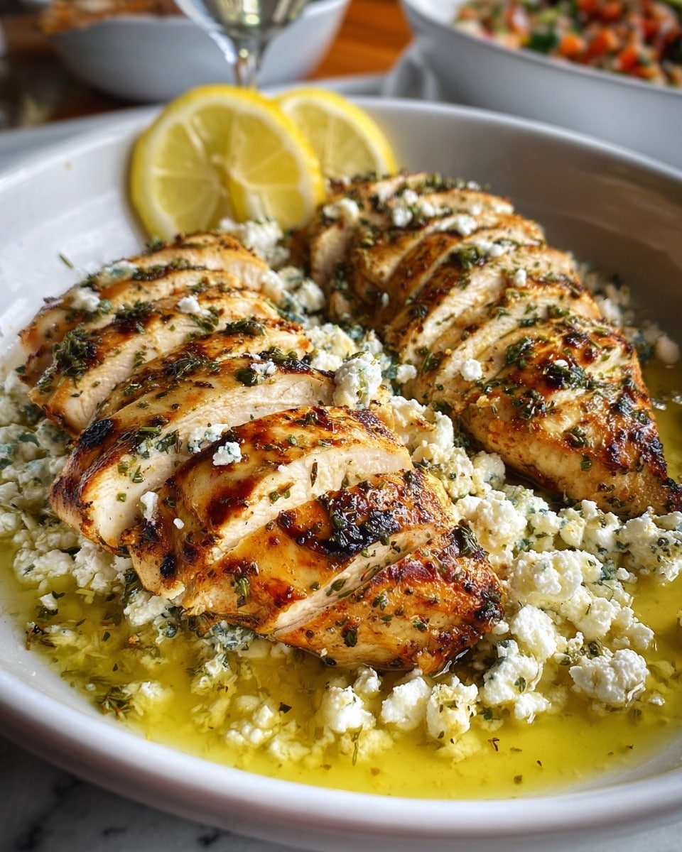 A white bowl contains two rows of sliced grilled chicken breast, each slice showing a golden brown, slightly charred exterior with herbs sprinkled on top. The chicken is arranged in a neat row with white crumbled cheese spread over it. There is a yellow sauce pooling at the bottom of the bowl, visible around the chicken. Two lemon slices are placed upright at the back edge of the bowl, adding a bright yellow contrast. The background features a blurred side dish and a glass, all on a white marbled surface. photo taken with an iphone --ar 4:5 --v 7