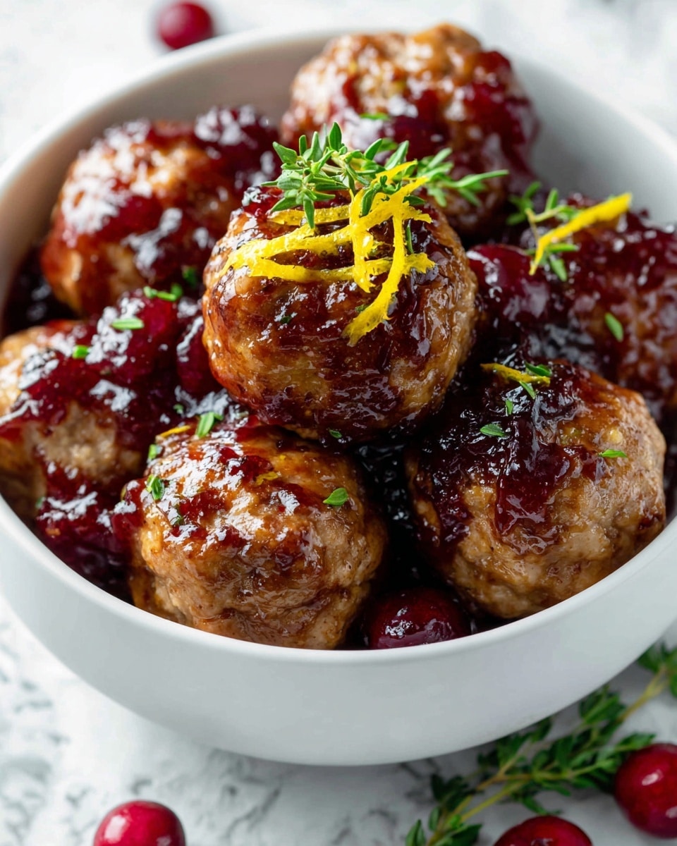 A white bowl filled with eight golden-brown meatballs coated in a shiny glaze, each meatball topped with small bits of green herbs and bright orange zest, with some deep red cranberry sauce dollops scattered around and between the meatballs, creating a rich, colorful contrast, all set on a smooth white marbled surface. photo taken with an iphone --ar 4:5 --v 7