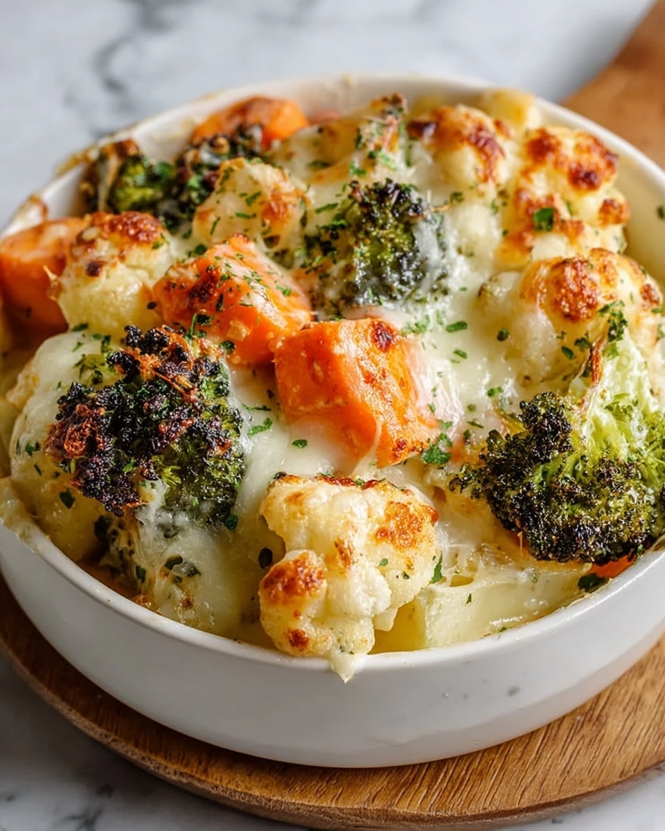 A white bowl filled with a creamy baked vegetable dish showing three main layers: at the bottom, large chunks of soft cauliflower with a pale off-white color; in the middle, vibrant orange carrot pieces with a smooth texture; on top, dark green broccoli florets with a slightly charred and crispy surface. The vegetables are covered with melted white cheese that looks stretchy and gooey, with some browned spots from baking. Small sprinkles of green herbs are scattered on the cheese, adding color contrast. The bowl is placed on a wooden board with a white marbled surface underneath. Photo taken with an iphone --ar 4:5 --v 7