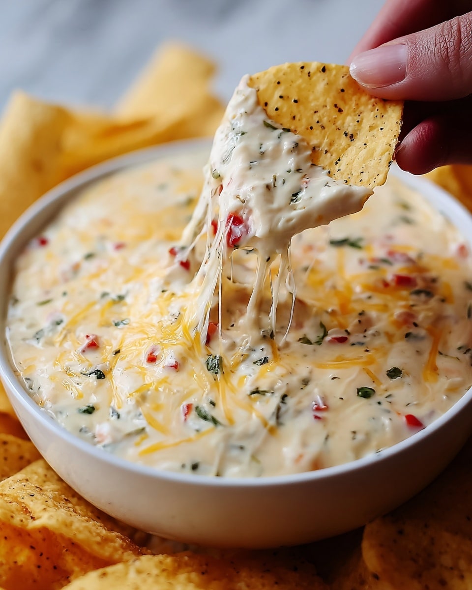 A white bowl filled with creamy cheese dip that has visible small red pepper pieces, green herbs, and shredded yellow cheese mixed in. A woman's hand holds a light yellow chip with black specks, dipped into the thick, gooey cheese dip showing stretchy melted cheese strands hanging between the chip and the bowl. In the blurry background, there are many other chips stacked together. The dish sits on a white marbled surface. photo taken with an iphone --ar 4:5 --v 7