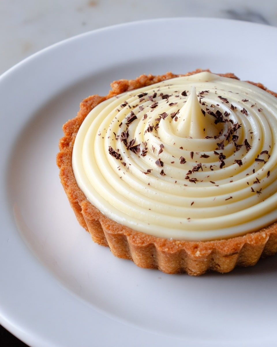 The image shows a small tart placed on a white plate with a white marbled surface beneath. The tart has a golden brown crust that looks crisp and slightly textured. On top of the crust is a smooth, creamy white layer arranged in a spiral pattern, starting wide at the outer edge and becoming narrower towards the center where it peaks in a small swirl. Tiny dark brown flakes are sprinkled over the white cream, adding contrast and a hint of texture. The lighting highlights the smoothness of the cream and the rough edges of the crust. photo taken with an iphone --ar 4:5 --v 7