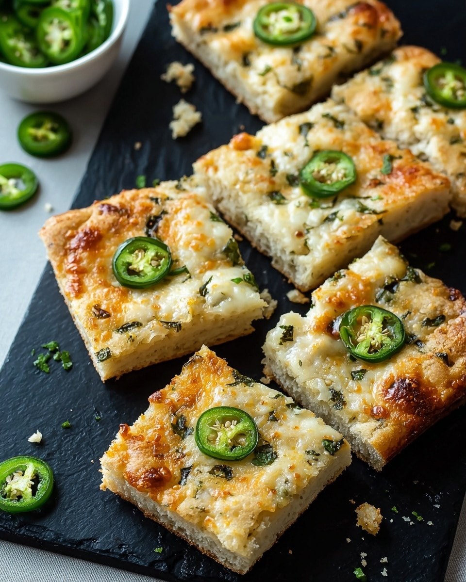 The image shows eight square pieces of a baked dish arranged closely on a black slate serving board. Each piece has one visible layer with a light golden-brown crust topped with melted cheese that is bubbly and browned in spots. Small green herb pieces are sprinkled evenly throughout the cheese, with a few slices of green jalapeño peppers placed on top of some squares. The edges of the pieces have a slightly crumbly texture. Around the board, there are scattered small green herb bits and slices of jalapeño. In the background, there is a white bowl with more green jalapeño slices. The setup is on a white marbled surface. photo taken with an iphone --ar 4:5 --v 7