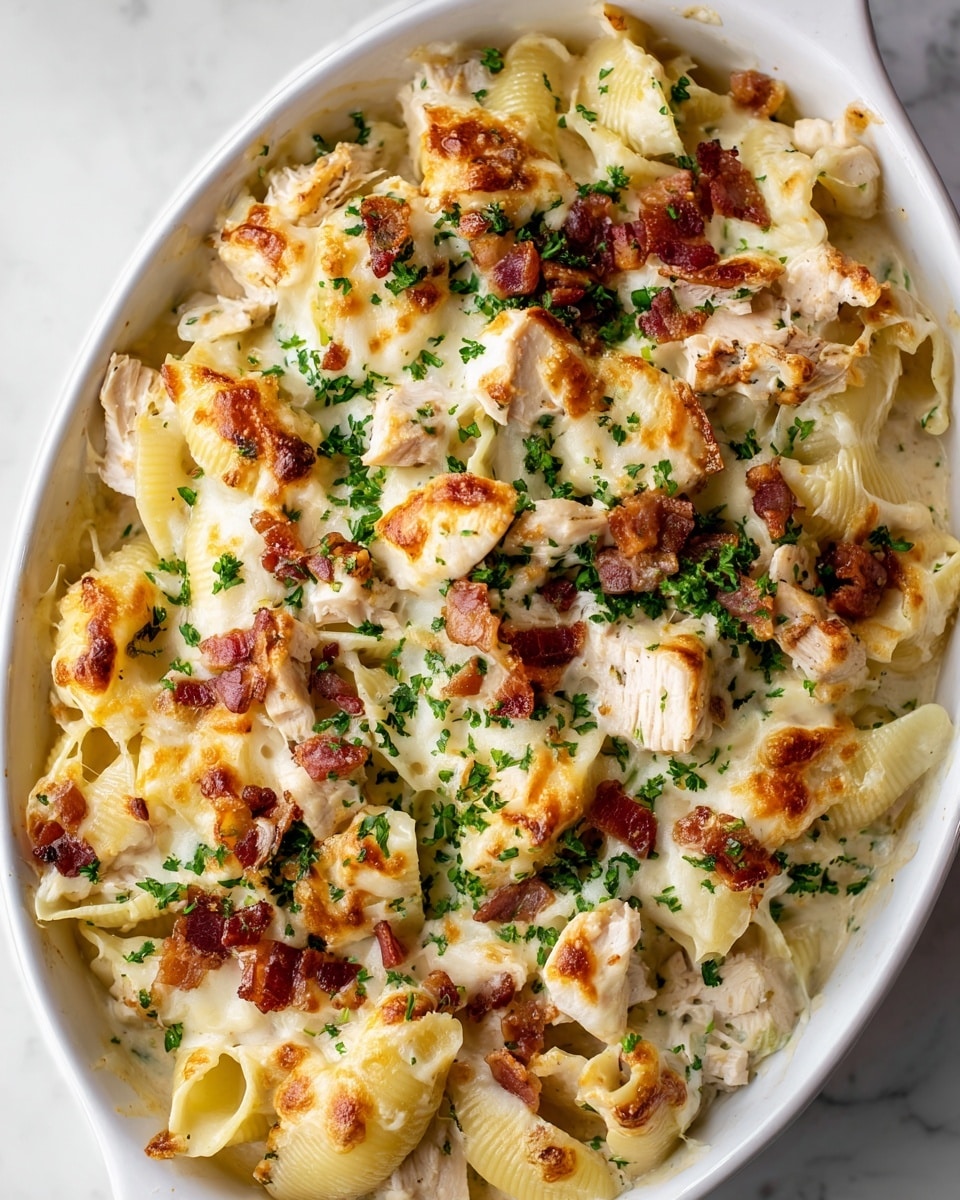 The image shows a white oval dish filled with a creamy pasta bake featuring large pasta shells covered in melted cheese with golden brown spots. Scattered on top are chunks of cooked chicken pieces with a light browning and crispy bacon bits, adding a rich reddish-brown contrast. Fresh green parsley is sprinkled generously over the dish, adding a pop of color and freshness. The creamy sauce lightly coats the pasta and chicken, visible through the melted cheese. The dish is placed on a white marbled surface. photo taken with an iphone --ar 4:5 --v 7