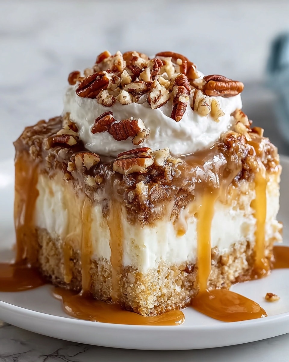 A square piece of dessert sits on a white plate with caramel sauce drizzled generously over it, pooling slightly at the base. The dessert has three layers: a thick, golden-brown crumbly base, a smooth white creamy middle layer, and a thin caramel pecan topping with chopped pecans scattered on it. On top, a dollop of white whipped cream is covered with more chopped pecans and a final drizzle of caramel sauce. The plate is on a white marbled surface. Photo taken with an iphone --ar 4:5 --v 7