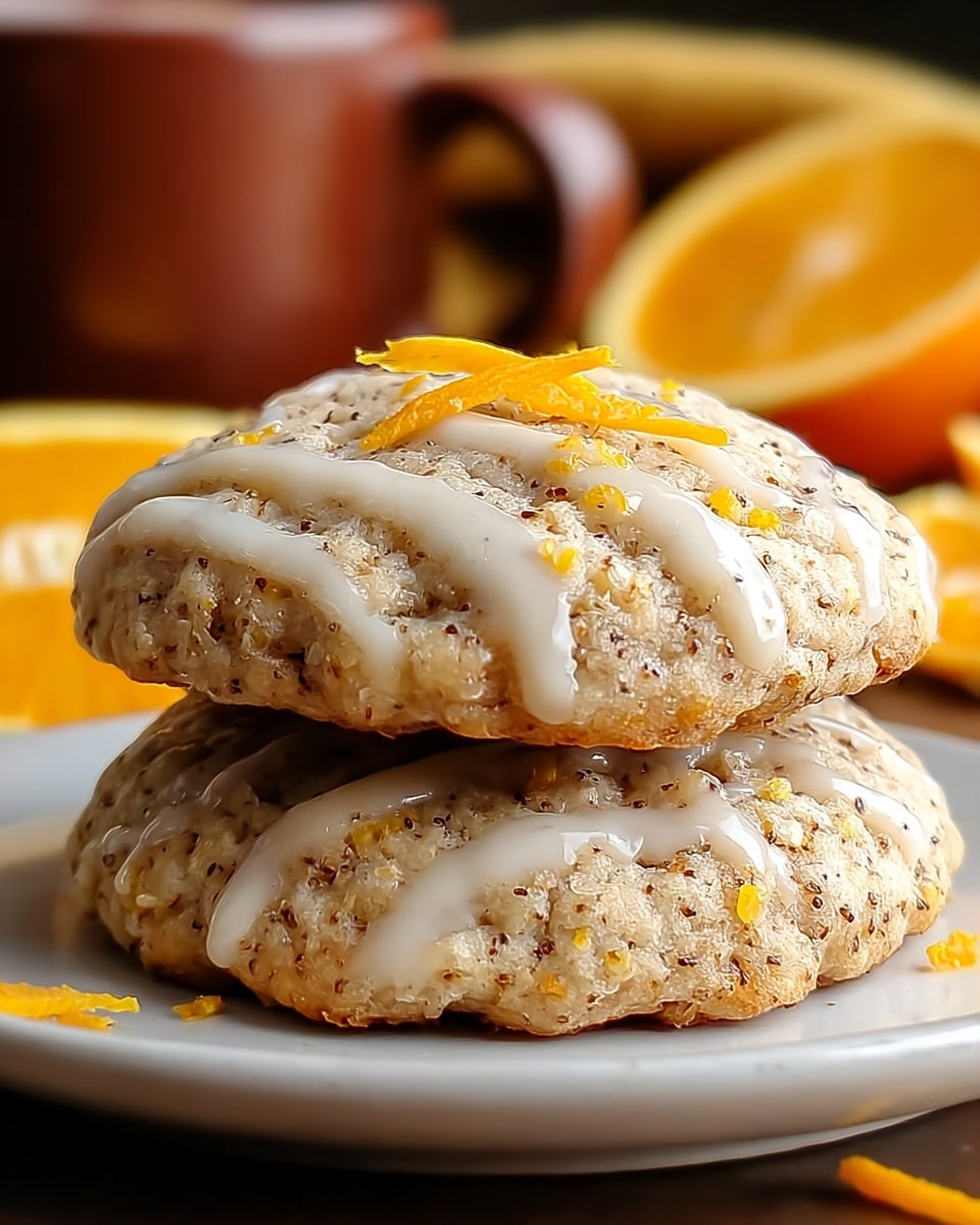 Two thick, round cookies stacked on a white plate, each cookie light beige with specks of orange zest and dark spices dotting the surface. Both cookies are drizzled with white icing that runs smoothly over the bumpy texture. The top cookie is garnished with a few thin, bright orange peel strips. The white plate rests on a white marbled surface with blurred orange slices and a brown cup in the warm background. Photo taken with an iphone --ar 4:5 --v 7