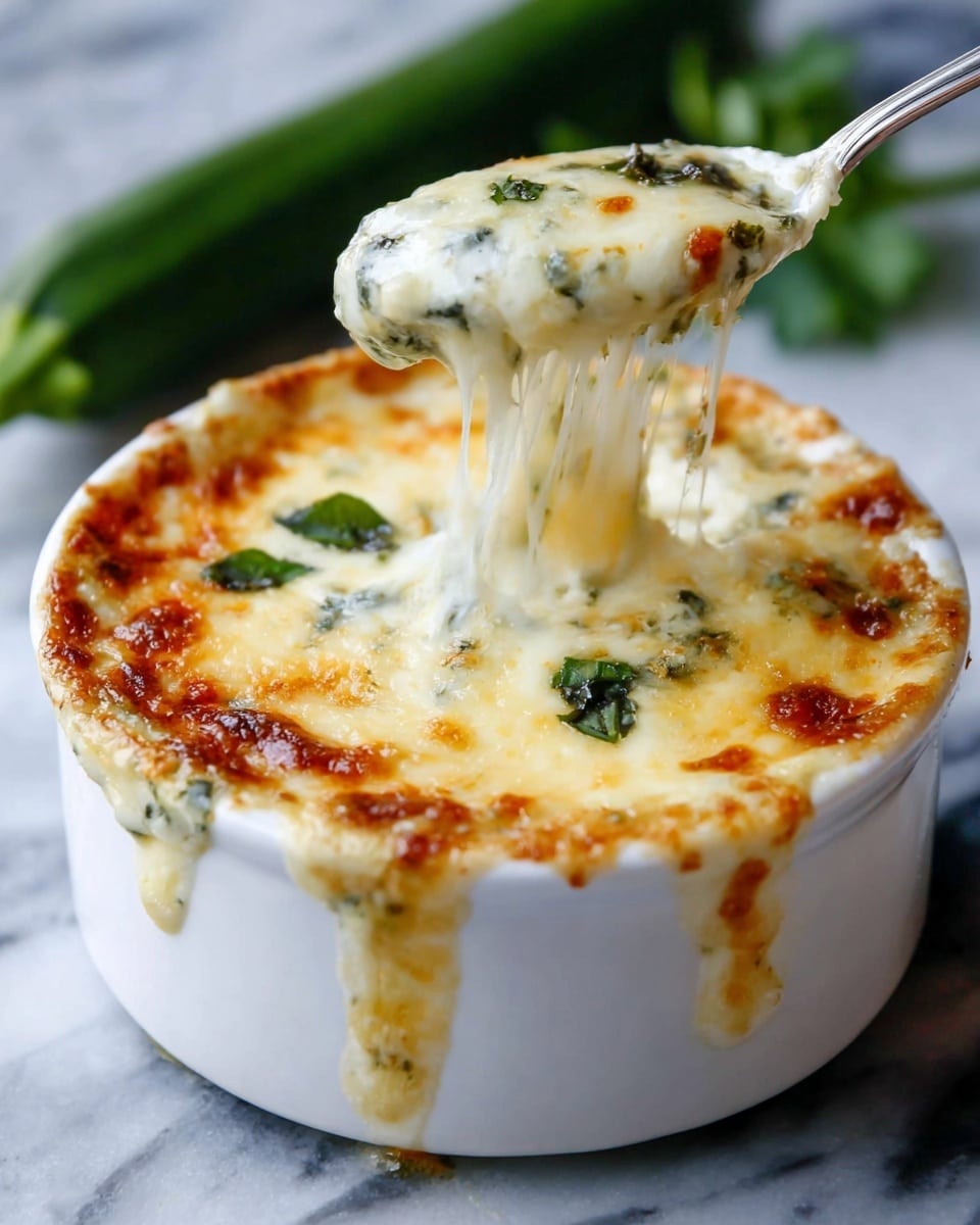 A small white round ceramic dish filled with a creamy baked dish covered by a golden, bubbly cheese layer with small browned spots and green herb bits scattered on top. The cheese layer is thick, stretchy, and gooey, lifted by a silver spoon, revealing a creamy white interior mixed with chopped pickles or olives adding dark green slices. The dish has some browned edges, showing it was oven-baked. The background is a white marbled surface with subtle green herbs out of focus. Photo taken with an iphone --ar 4:5 --v 7
