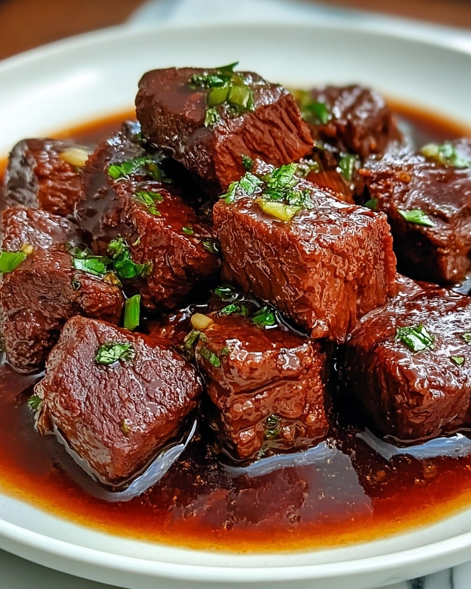 A white plate filled with several thick, dark brown chunks of beef covered in a shiny rich brown sauce, with small pieces of green herbs scattered on top. The beef pieces have a tender, textured look and are sitting in a pool of the glossy sauce. The background surface is a white marbled texture. photo taken with an iphone --ar 4:5 --v 7