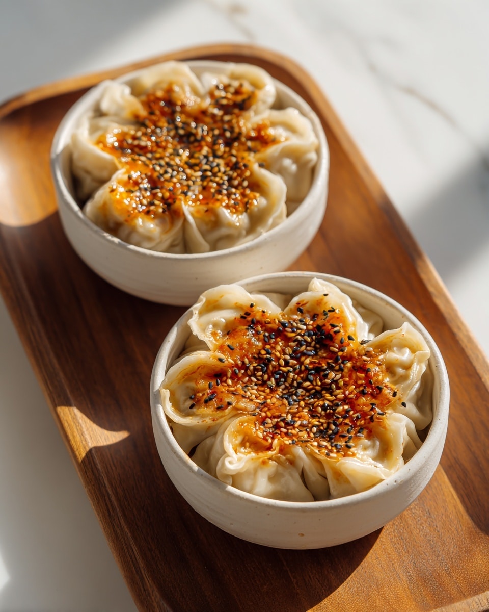 Two white round bowls sit side by side on a wooden board with a smooth surface, placed on a white marbled texture background. Each bowl holds a cluster of dumplings arranged in a flower shape with six petals. The dumplings have creamy, slightly translucent wrappers with soft folds around the edges. On top, a bright orange chili oil sauce with visible seeds and black and white sesame seeds spreads evenly, creating a vibrant contrast to the pale dumplings below. The sauce glistens under natural light, emphasizing the textures of the sesame seeds and the glossy chili oil. photo taken with an iphone --ar 4:5 --v 7