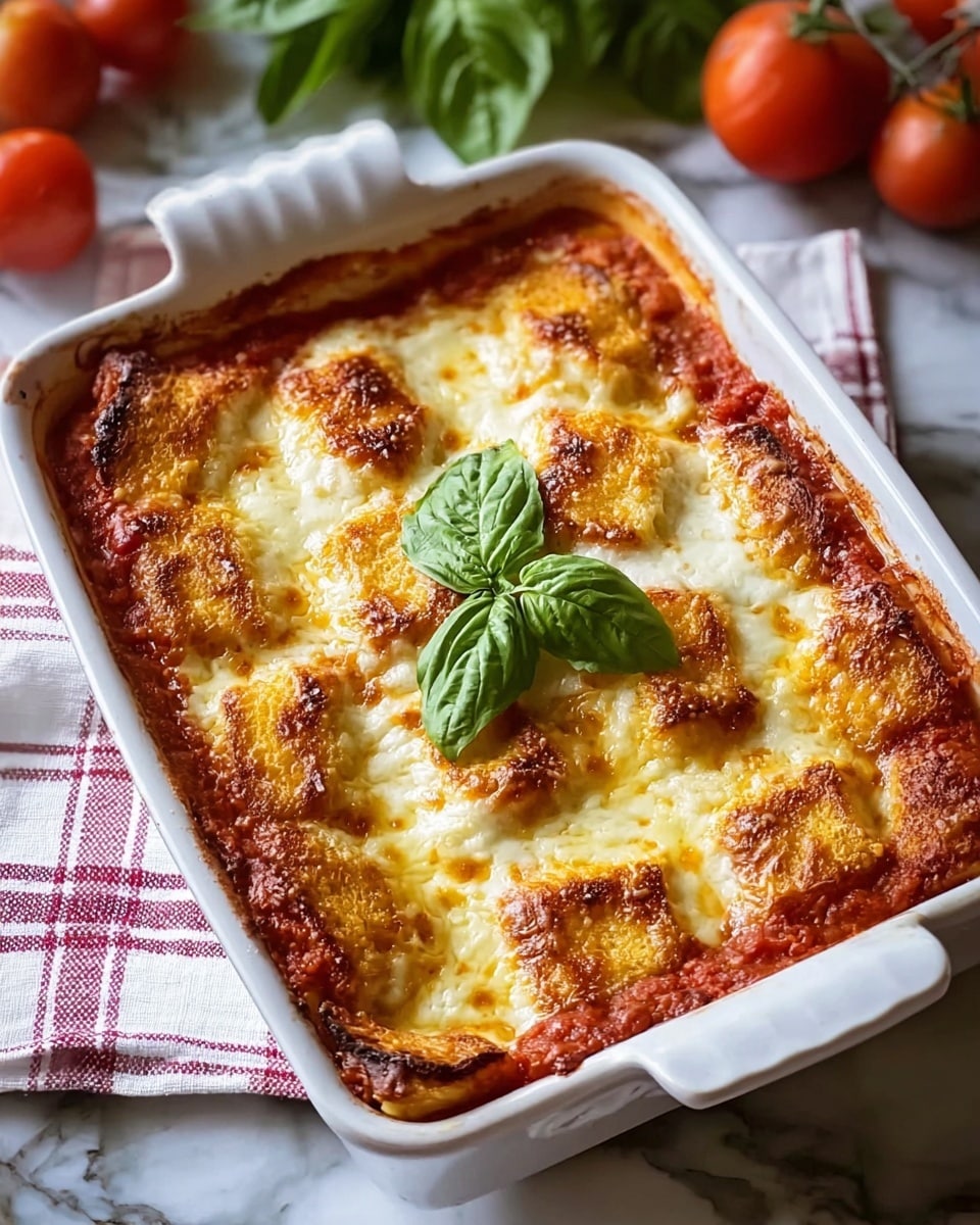 A white rectangular baking dish filled with a baked lasagna-like dish showing three visible layers: a bottom red tomato sauce layer, a middle layer of melted white cheese, and a top layer of golden toasted bread pieces arranged with a slightly bubbly cheese surface. A fresh green basil leaf rests in the center on top. The dish sits on a white marbled surface with a red and white striped cloth underneath, and in the background, out of focus, are fresh tomatoes and basil leaves. Photo taken with an iphone --ar 4:5 --v 7