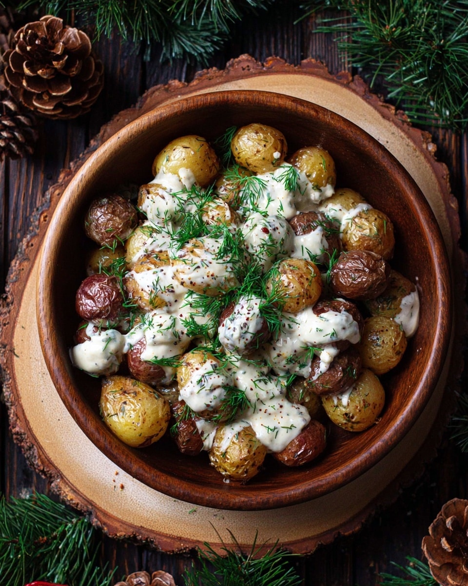 A wooden bowl holds one layer of roasted small potatoes with golden brown, light yellow, and dark brown skins. Over the potatoes is a layer of creamy white sauce with specks of black pepper, covering parts of the potatoes unevenly. Finely chopped fresh green herbs, likely dill, are sprinkled on top, adding a bright contrast. The bowl is placed on a slice of wood with bark edges, and the background shows dark wood with green pine branches and pinecones scattered around. photo taken with an iphone --ar 4:5 --v 7