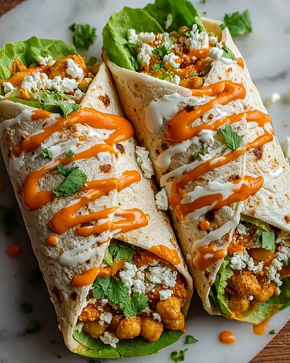 Two wraps lie side by side on a white marbled surface, each wrapped in a lightly toasted tortilla with light brown spots. Inside, the first visible layer is fresh green lettuce leaves, followed by a mix of golden chickpeas and a soft, orange-colored filling. On top of the wraps, white creamy sauce and a bright orange sauce are drizzled in thick lines, with small green cilantro leaves and crumbled white cheese scattered over them. The wraps are close up, showing the textures and colors clearly. Photo taken with an iphone --ar 4:5 --v 7