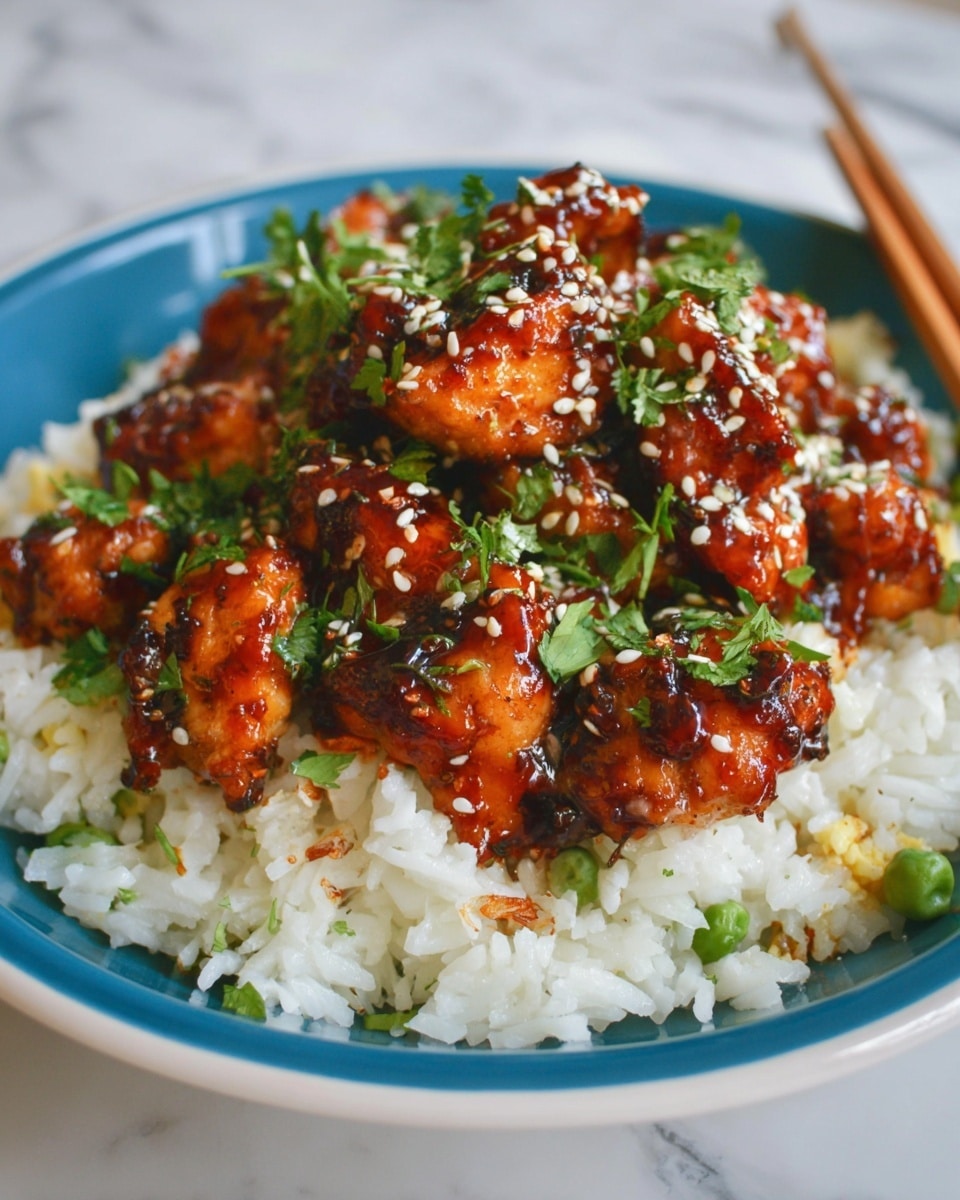 The dish is served on a white plate with a blue inside, placed on a white marbled surface. It has two layers: the bottom layer is white fried rice mixed with green peas and small bits of scrambled eggs, showing a fluffy and soft texture. The top layer features pieces of glazed chicken, coated in a shiny dark orange sauce with hints of red, scattered with white sesame seeds and chopped fresh green herbs. The chicken pieces appear tender and slightly charred in spots, adding texture contrast. A pair of chopsticks is placed on the right side of the plate. Photo taken with an iphone --ar 4:5 --v 7