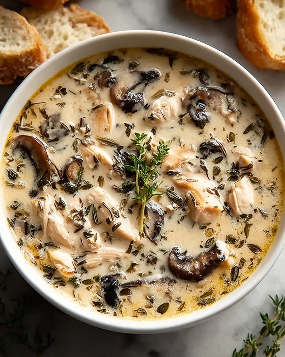 A white bowl filled with creamy soup showing a thick layer of beige broth mixed with pieces of tender white chicken and dark brown sliced mushrooms scattered evenly throughout. Small green herb leaves float on the surface adding texture and color contrast, with a sprig of fresh thyme placed in the middle as garnish. The bowl sits on a white marbled textured surface with some pieces of light brown bread in the background. Photo taken with an iphone --ar 4:5 --v 7