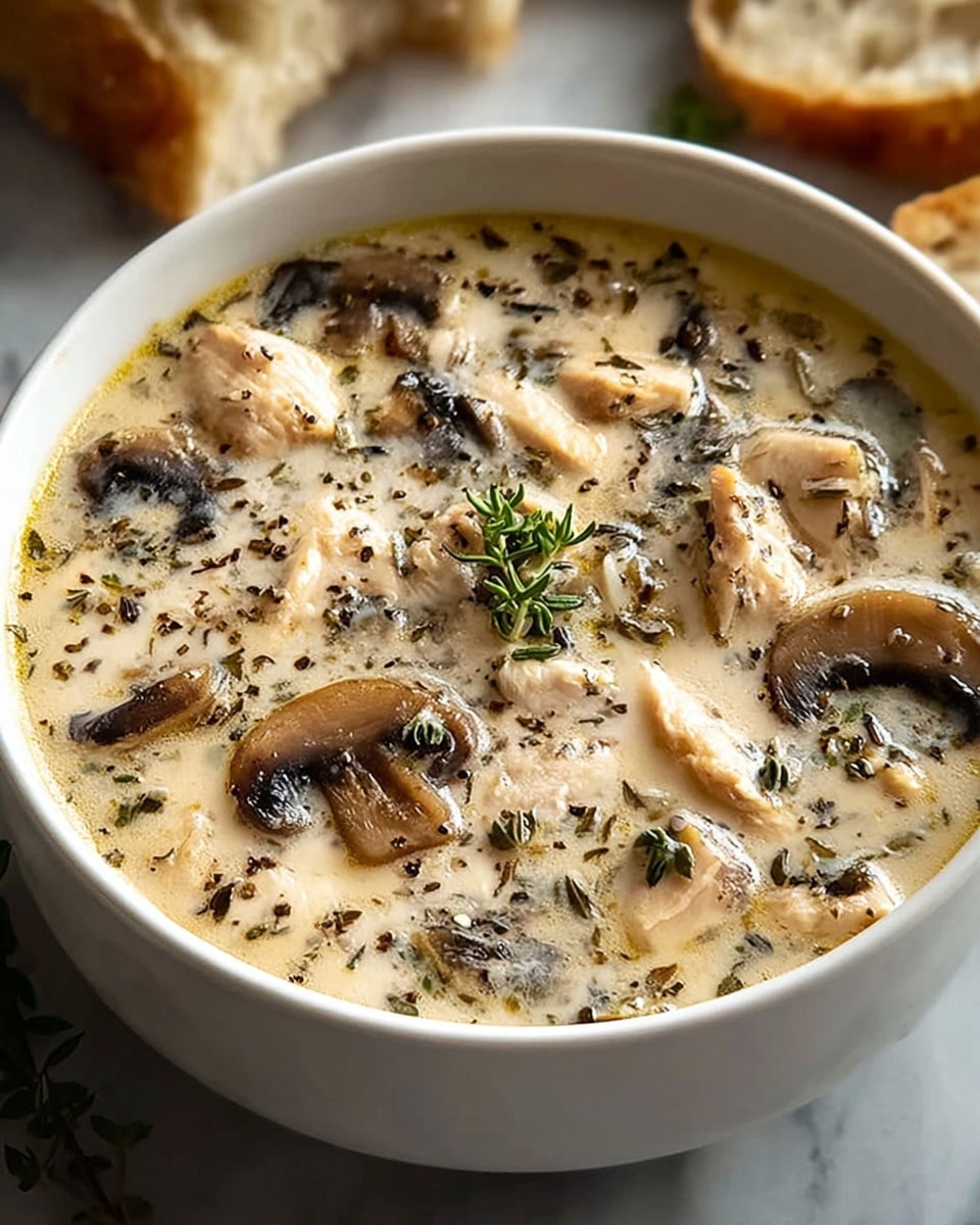 A white bowl filled with creamy soup showing visible layers of sliced brown mushrooms and white chicken chunks spread evenly throughout. The soup base is light beige with specks of green herbs and black pepper scattered on top. A small sprig of fresh green herbs rests gently in the center. The bowl is placed on a white marbled surface with some pieces of crusty bread visible in the background. Photo taken with an iphone --ar 4:5 --v 7