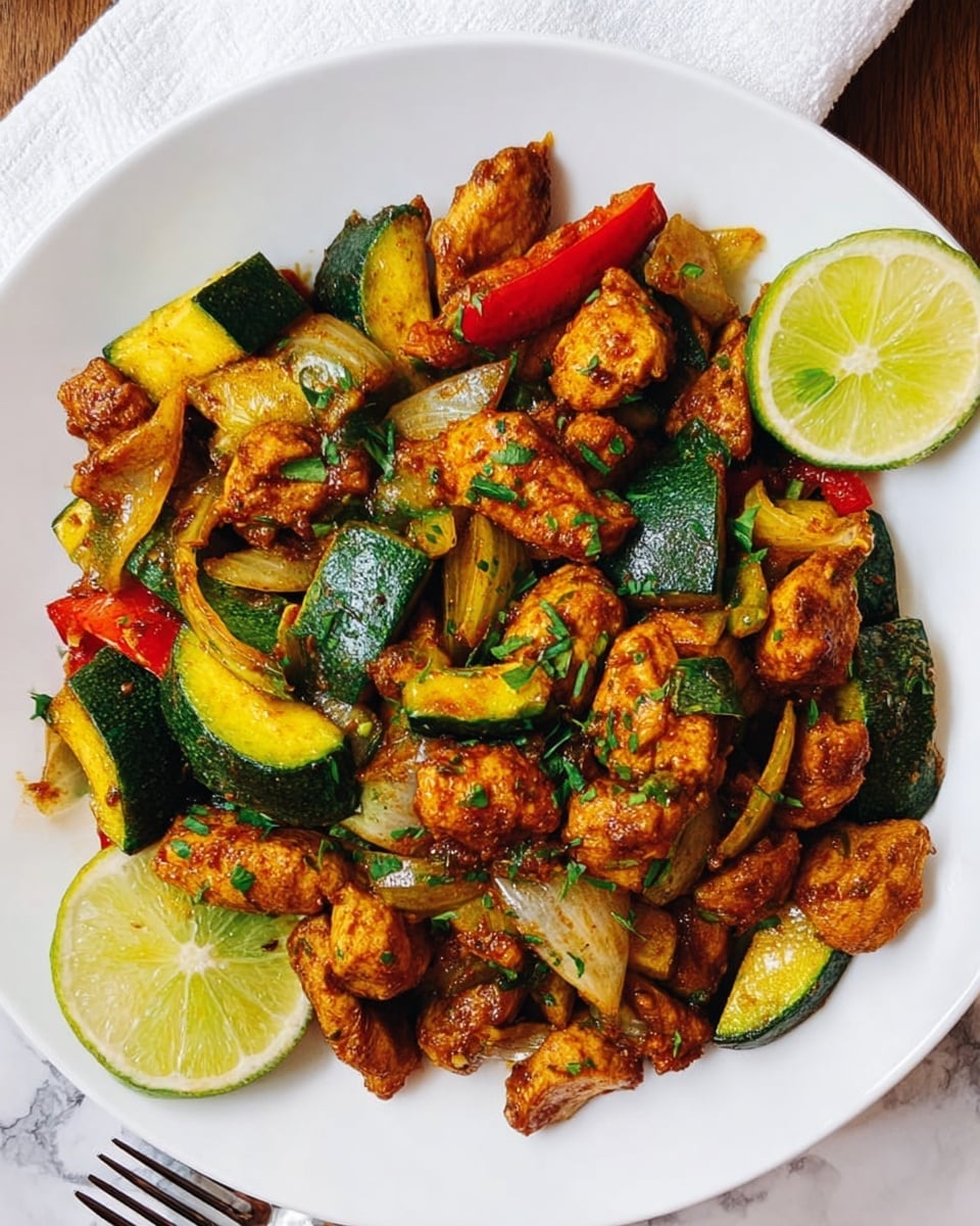 A white round plate filled with a colorful stir-fry featuring about three layers of chunky, browned chicken pieces, deep green zucchini slices with visible skin and soft texture, red bell pepper chunks, and translucent yellow onion pieces all mixed together. The dish is garnished with small chopped green herbs scattered over the top. Two lime wedges with bright yellow-green flesh sit at opposite edges of the plate. The plate rests on a white marbled surface with part of a white cloth napkin and a silver fork visible at the bottom right corner. photo taken with an iphone --ar 4:5 --v 7