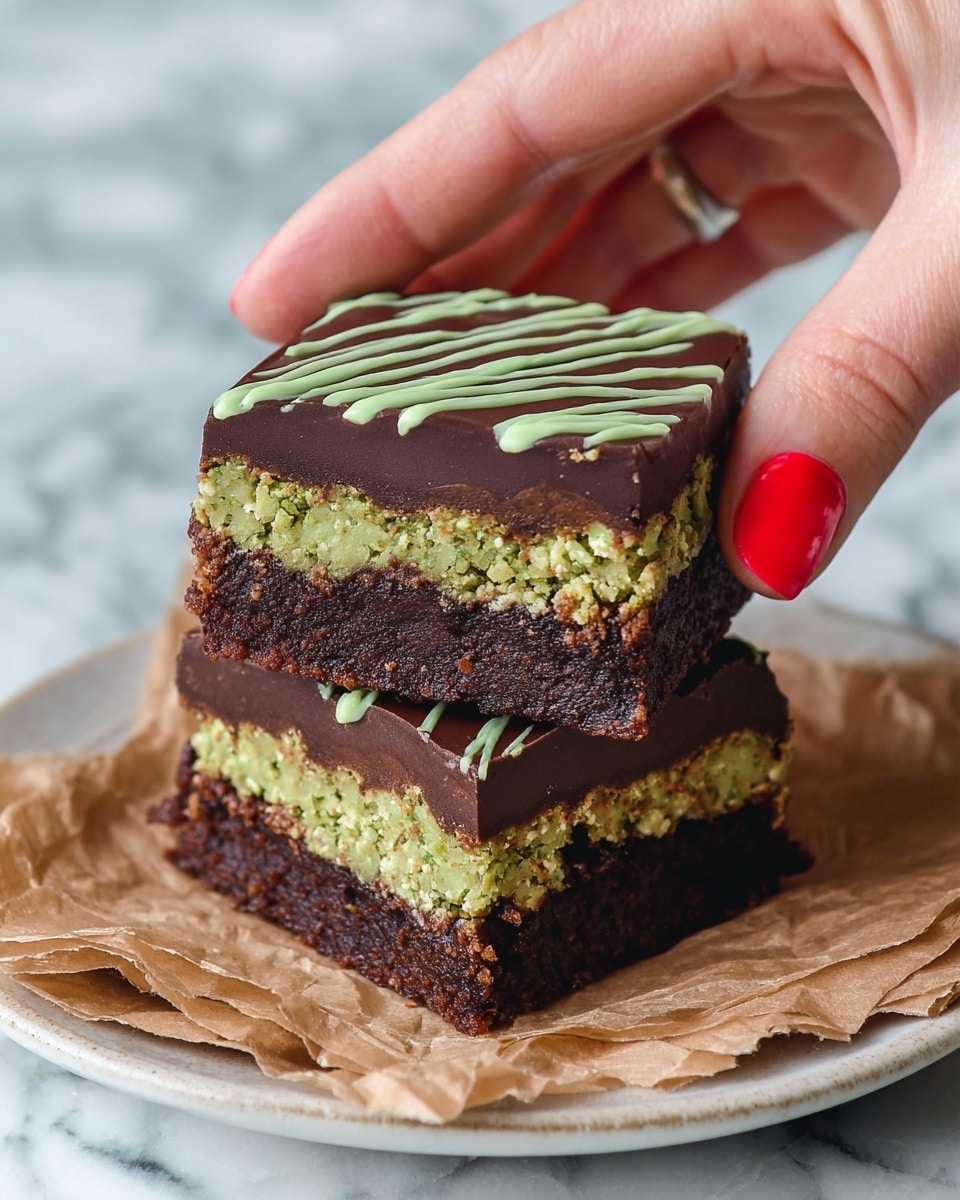 Two square dessert bars stacked on a white plate with crumpled brown paper underneath. Each bar has three layers: a thick, dark brown, dense brownie base; a thick, textured green middle layer with small crispy bits; and a smooth, glossy dark chocolate top layer with light green zigzag drizzle decoration. A woman's hand with red polished nails is holding the top bar. The background is a white marbled texture. photo taken with an iphone --ar 4:5 --v 7
