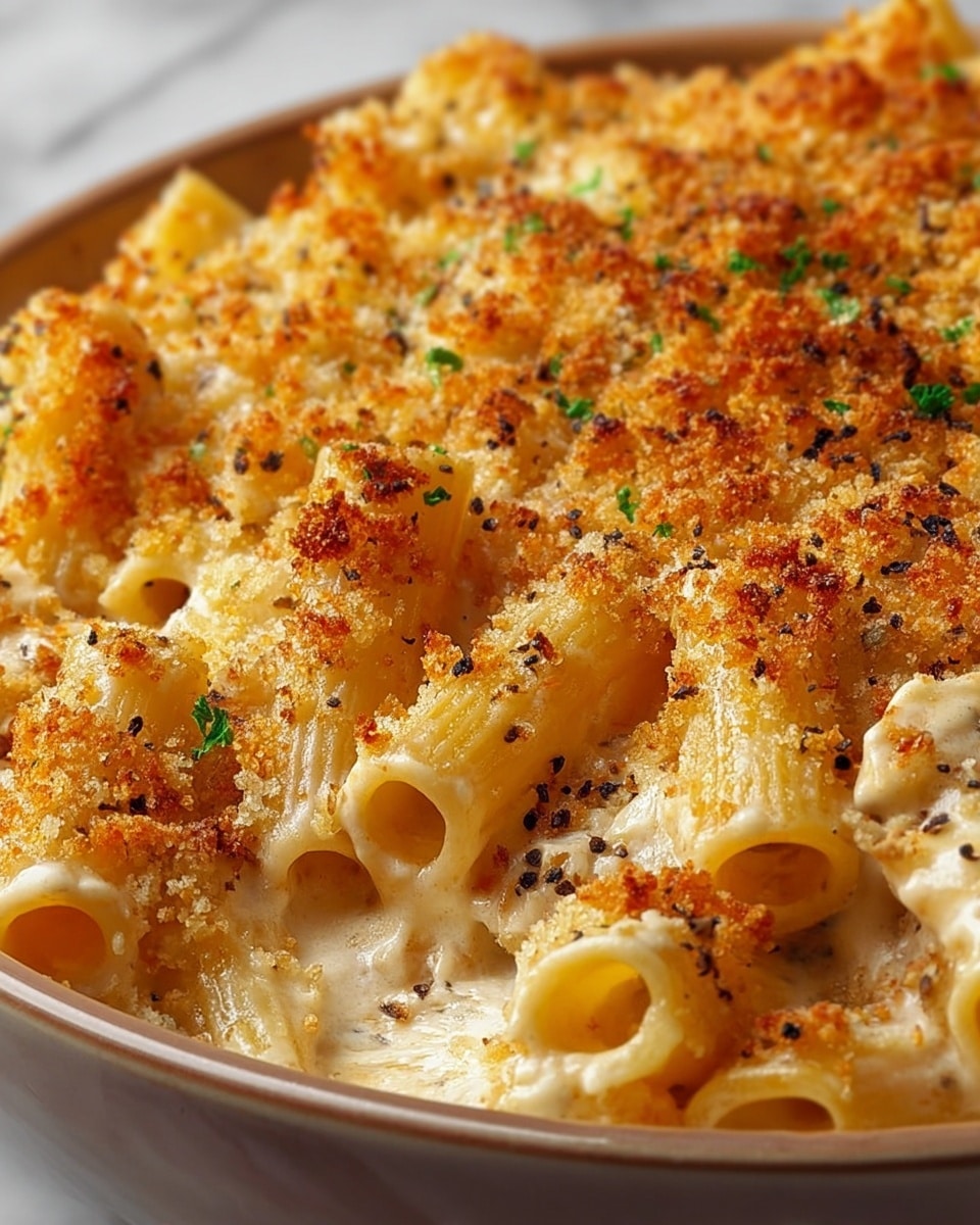 The close-up image shows a baked pasta dish in a white bowl, featuring large tube-shaped pasta coated in a creamy white sauce. On top, there is a golden brown layer of toasted breadcrumbs sprinkled unevenly, adding a crunchy texture. Small green herbs are scattered across the pasta, providing spots of color contrast against the creamy and crispy layers. The surface beneath the bowl is a white marbled texture. photo taken with an iphone --ar 4:5 --v 7