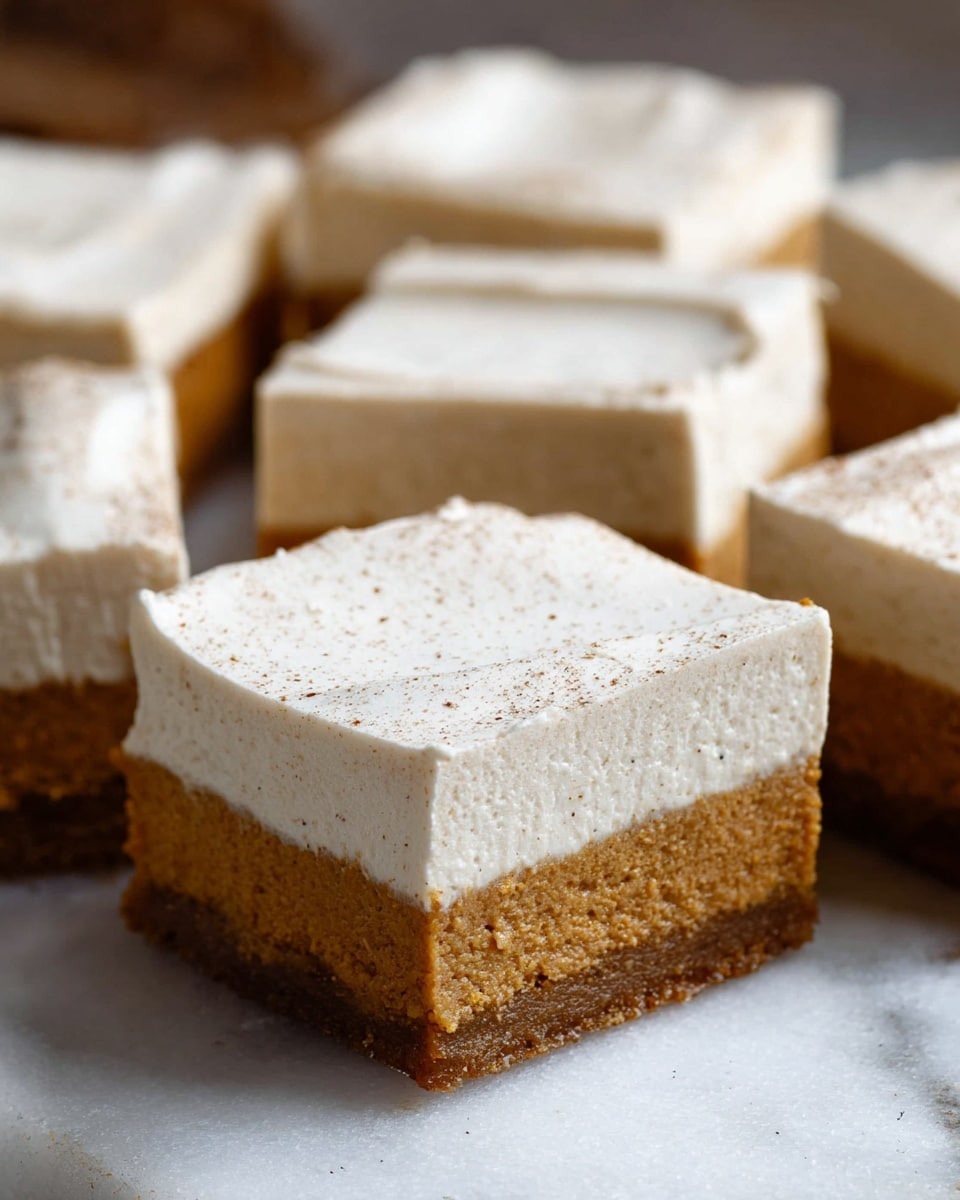 The image shows close-up square pieces of a two-layer dessert arranged on a white marbled surface. Each piece has a thick bottom layer that is light brown, dense, and slightly textured, resembling a spiced or pumpkin cake base. On top, there is a thick, creamy white layer that looks smooth and fluffy, with subtle specks of a darker color, suggesting a hint of cinnamon or vanilla. The top layer has clean, flat edges and shows a few faint marks from slicing. The arrangement highlights the contrast between the bottom and top layers with clear separation between them. Photo taken with an iphone --ar 4:5 --v 7