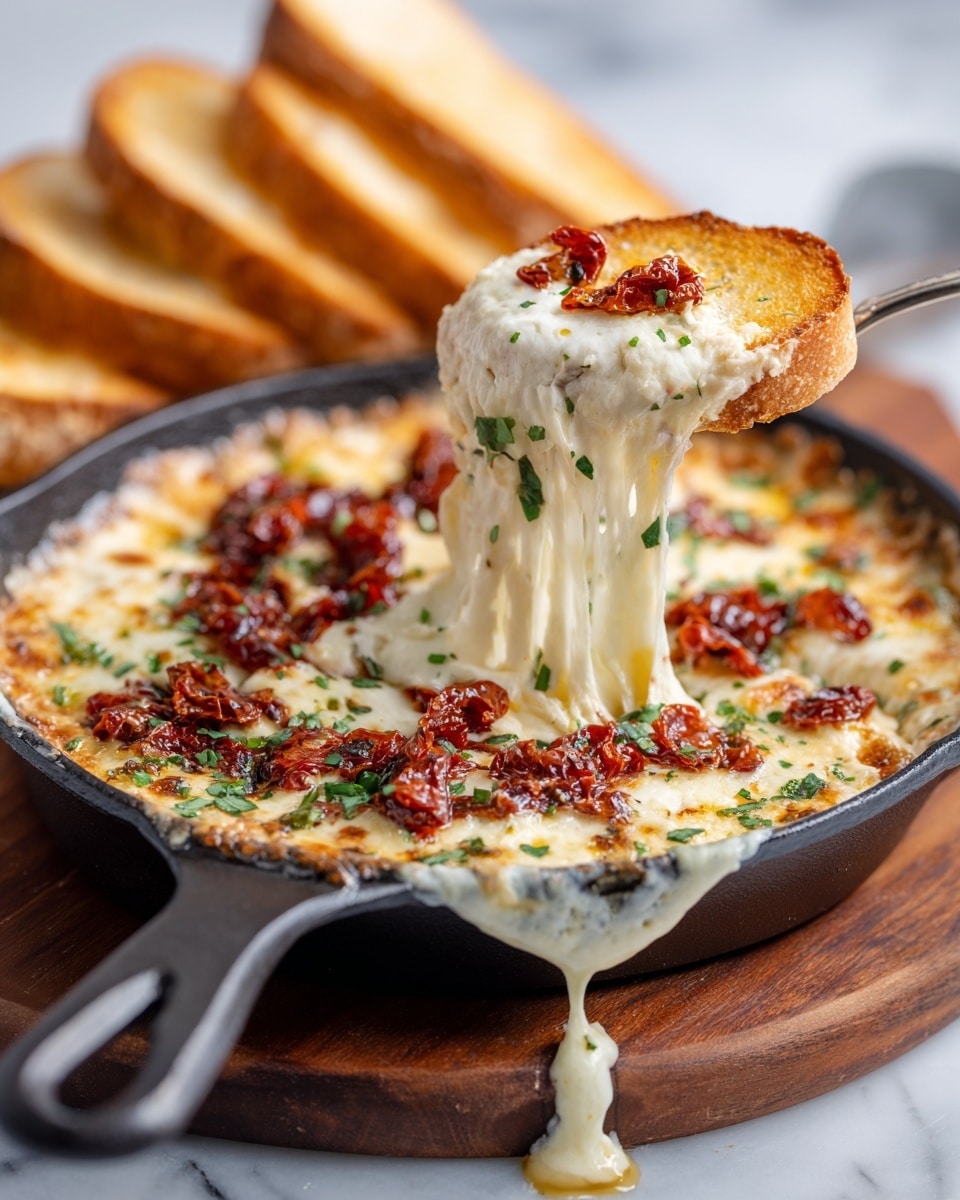 A close-up view of a black skillet filled with a melted cheese dip, topped with pieces of sun-dried tomatoes and chopped green herbs. The cheese is creamy white and bubbly, with a gooey texture stretching as a silver spoon lifts a portion of the dip along with a piece of golden toasted bread below the cheese. In the blurred background, there are more slices of toasted bread resting on a white marbled surface. The skillet sits on a wooden board with some cheese dripping over the edge. photo taken with an iphone --ar 4:5 --v 7