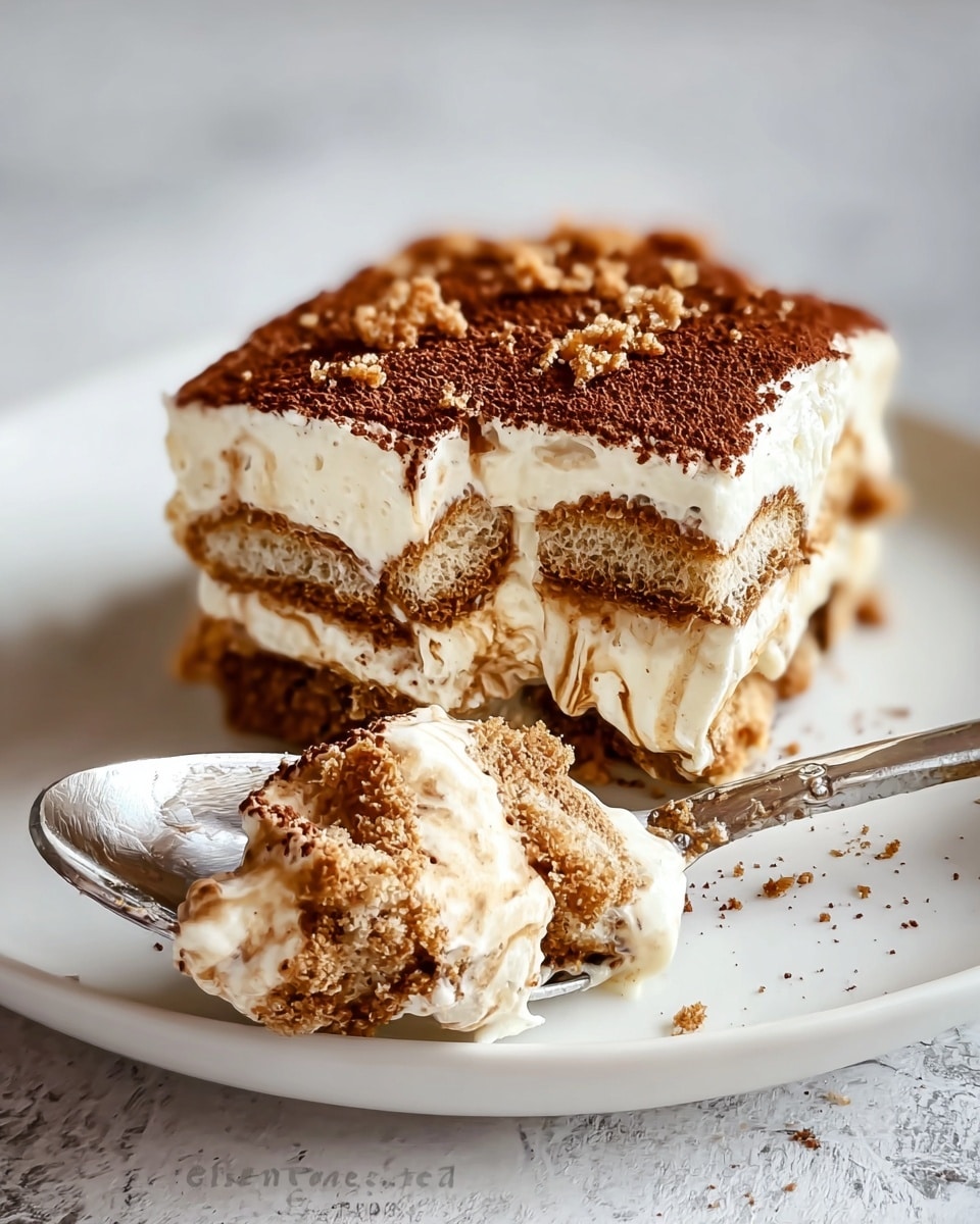 The image shows a piece of tiramisu dessert placed on a white plate with a white marbled texture background. The tiramisu has four visible layers of creamy white mascarpone mixture alternating with soft brown coffee-soaked ladyfinger layers. The top layer is dusted with a rich brown cocoa powder and small crumbles for texture. A silver spoon holds a scoop of the tiramisu in front of the dessert, showing the soft and creamy inside with swirls of brown coffee and white cream. The photo has a close-up view with soft lighting and a clean look. photo taken with an iphone --ar 4:5 --v 7