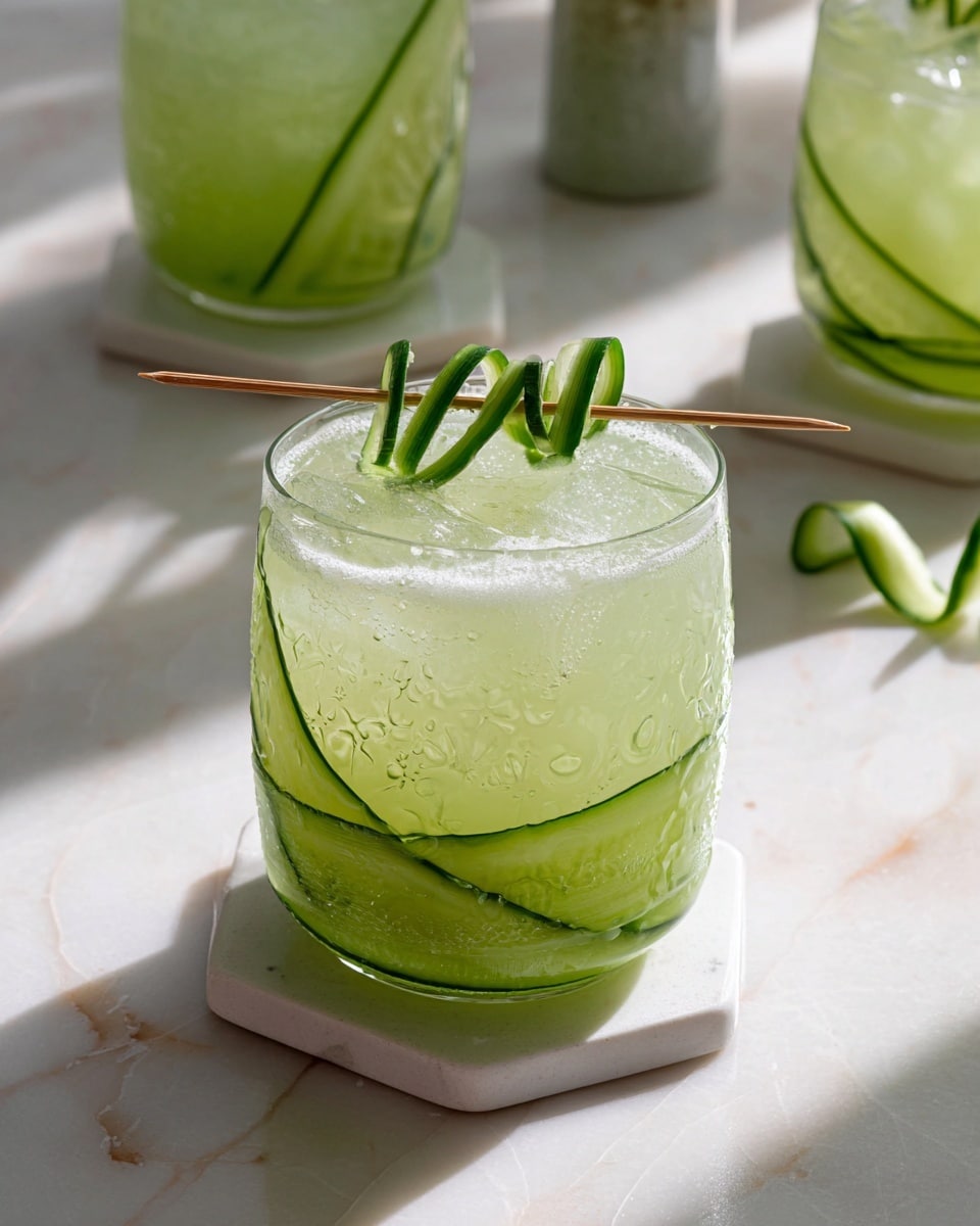 A short, clear glass filled with a pale green iced drink, almost to the top, with light foam and small ice cubes visible inside. Thin, long cucumber ribbons wrap around the inside wall of the glass creating a translucent, textured layer that shows the seeds and green skin of the cucumber. On top, a thin cucumber strip is twisted into a looping shape and placed horizontally across the rim of the glass with a thin wooden skewer through it. The glass sits on a small white hexagonal coaster, all placed on a white marbled tile surface with large sunlight shadows. In the background, two more glasses of the same drink can be slightly seen, and a spiral cucumber peel lies on the surface nearby. Photo taken with an iphone --ar 4:5 --v 7
