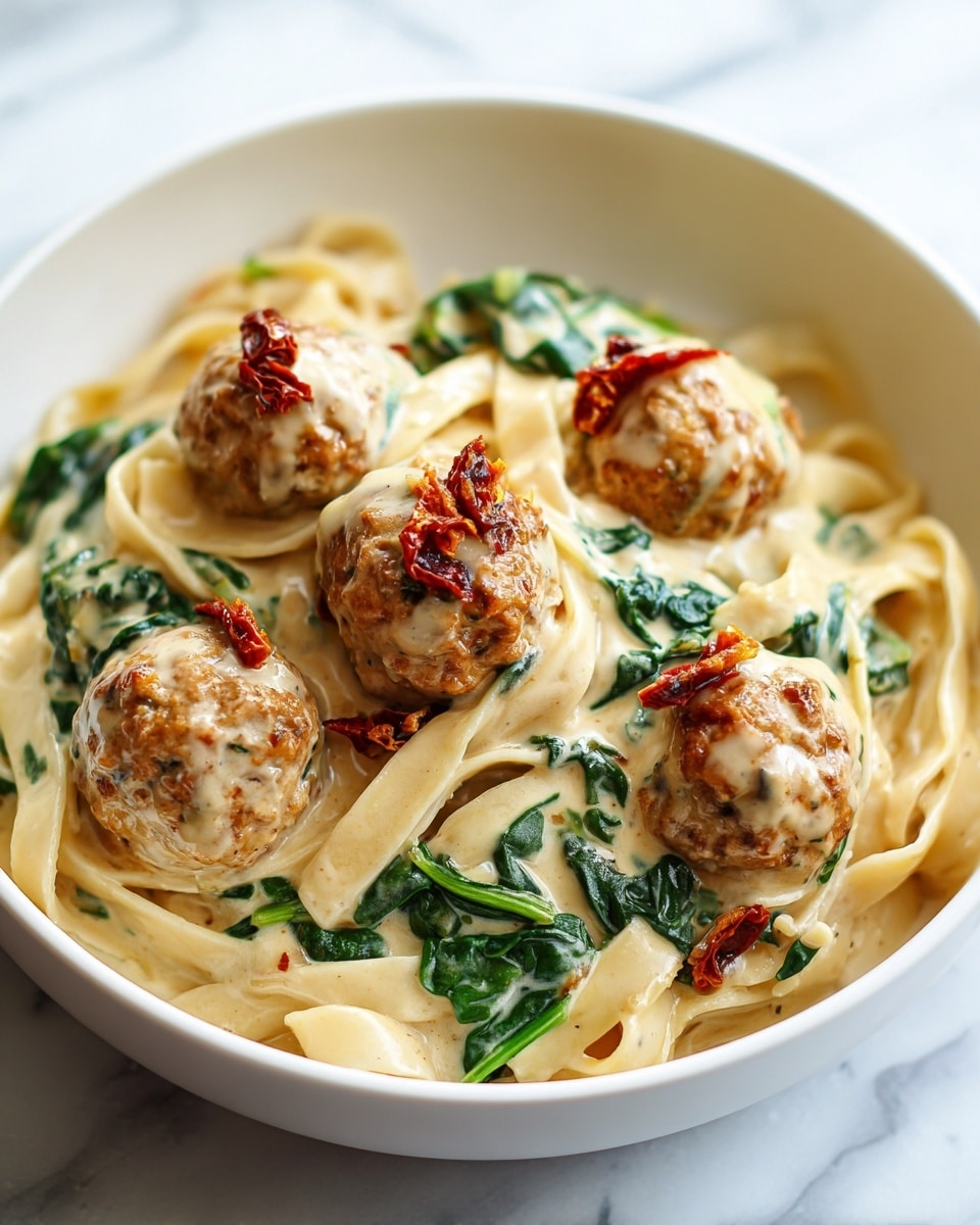 A white bowl filled with a creamy pasta dish that has three main layers: the bottom layer is long, flat fettuccine noodles in a light beige creamy sauce; the middle layer has bright green spinach leaves mixed in with the pasta; the top layer features five round, golden-brown meatballs covered in creamy sauce, each topped with small sun-dried tomato pieces adding a reddish-brown contrast. The bowl is set on a white marbled surface. Photo taken with an iphone --ar 4:5 --v 7