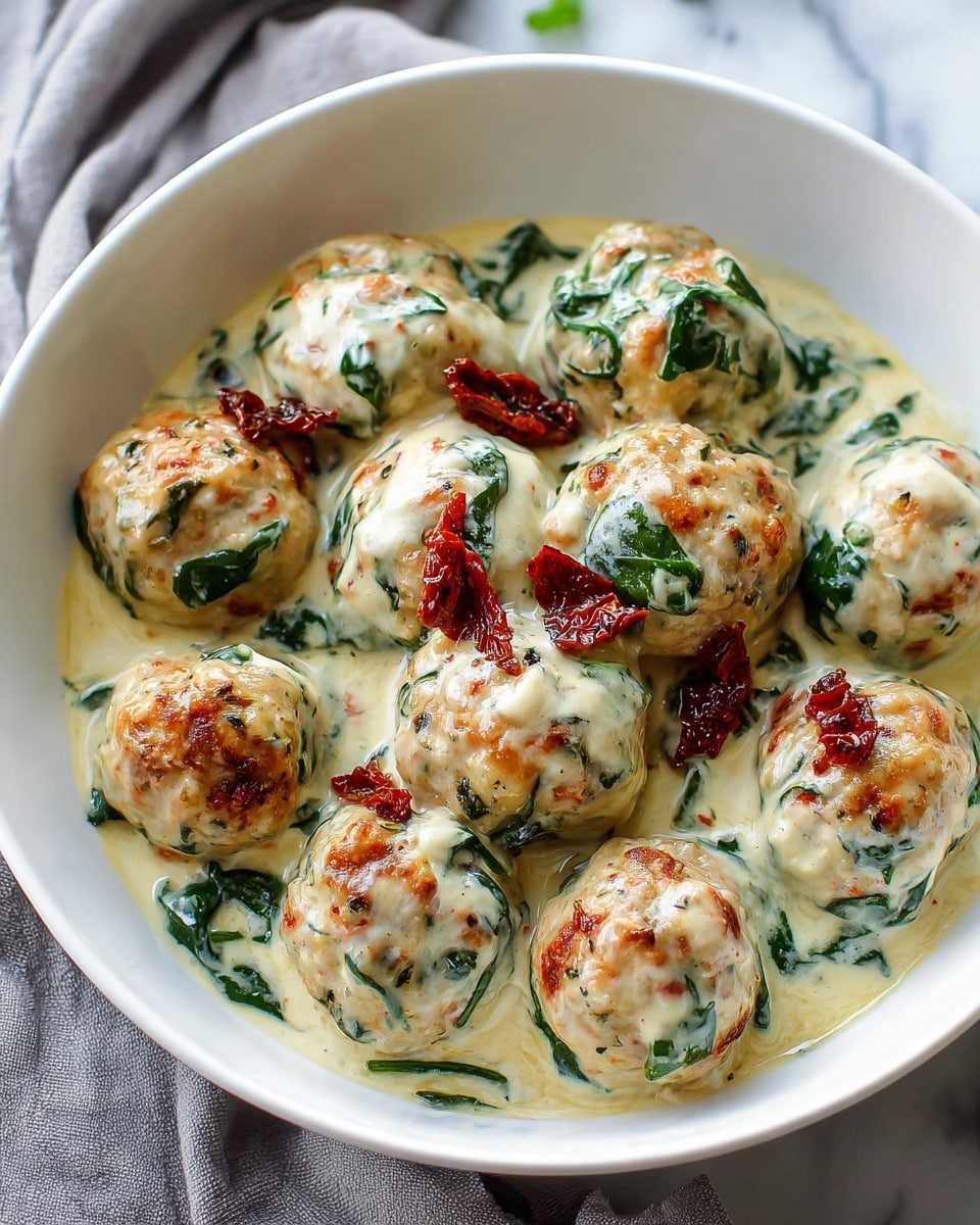 A white bowl filled with about ten round meatballs, each golden brown and coated with a creamy white sauce. The sauce is thick and speckled with herbs, swirling around the meatballs. Dark green spinach leaves are mixed throughout the sauce, adding contrast. Small pieces of dried, deep red tomatoes rest on top of some meatballs, giving extra color and texture. The bowl sits on a white marbled surface with a soft grey cloth nearby. photo taken with an iphone --ar 4:5 --v 7