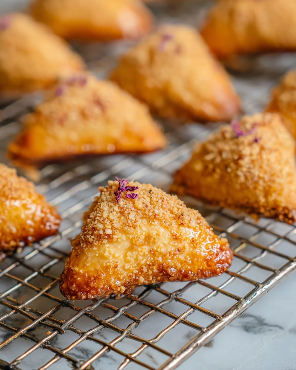 A close-up view of several small, golden-brown triangular pastries arranged on a metal cooling rack. Each piece has a shiny, slightly sticky surface with a crumbly, nutty coating on one side that adds texture and light beige color contrast. Tiny purple flower petals are scattered on top of the pastries giving a subtle color touch. The cooling rack is set on a white marbled surface, enhancing the warm colors of the pastries. The image focuses on the front pastry with a soft background blur showing more pastries behind it. photo taken with an iphone --ar 4:5 --v 7