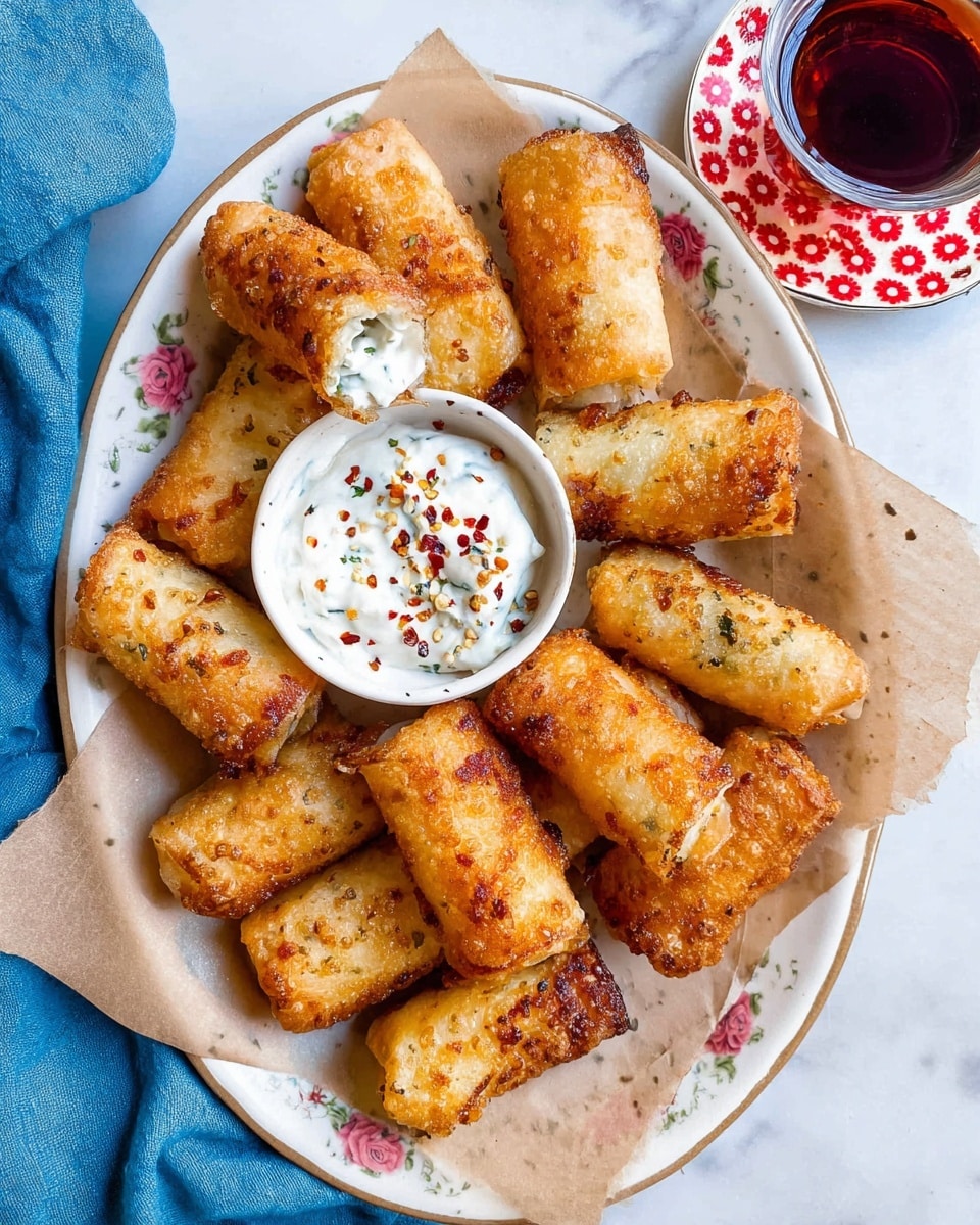 A white plate with a floral pattern holds thirteen golden-brown fried rolls arranged in a slightly overlapping shape, with some rolls showing light and dark crispy textures on their surfaces. In the middle of the plate there is a small white bowl filled with white creamy dip sprinkled with red and green spices. The plate rests on a piece of brown parchment paper and a white marbled surface. To the top right, partially visible, there is a small glass cup filled with dark tea placed on a white saucer decorated with big red dots and small swirls. A blue cloth is slightly visible at the bottom left corner. photo taken with an iphone --ar 4:5 --v 7