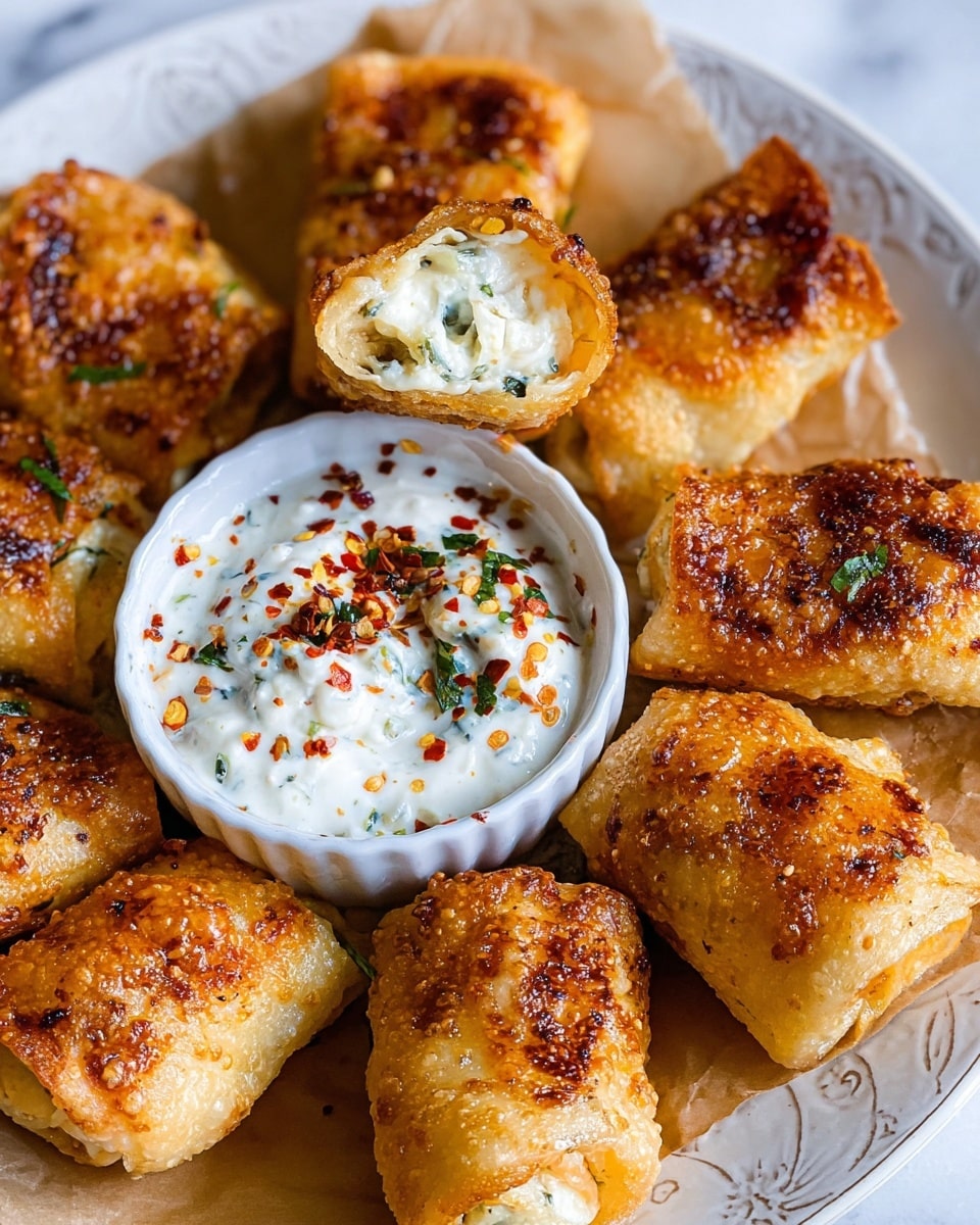 The image shows a close-up of several golden-brown fried rolls arranged in a circle around a small white bowl of creamy white dip topped with red chili flakes and green herbs. The rolls have a crispy, bubbled texture on the outside with some darker browned spots and are filled with a white cheese and herb mixture visible where some rolls are cut open. The rolls are placed on a piece of brown parchment paper on a white plate with delicate embossed patterns, all set on a white marbled surface. photo taken with an iphone --ar 4:5 --v 7