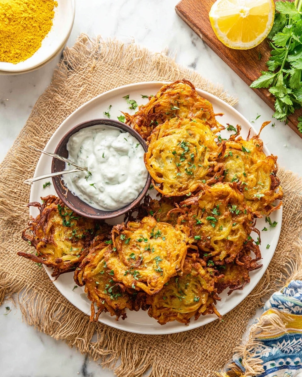 A white round plate is full of golden-brown onion fritters with green herb bits scattered on top. The fritters have a crispy texture with rough edges and are stacked in layers, filling the plate. Next to the fritters is a small dark brown bowl filled with creamy white yogurt dip that has small green herb pieces mixed in, with a spoon resting inside it. The plate sits on a piece of rough beige burlap cloth, and the scene is set on a white marbled surface. In the background, there is a white bowl with a yellow underside containing a powdery yellow mix, and a wooden board holds fresh green herbs and a lemon slice. photo taken with an iphone --ar 4:5 --v 7