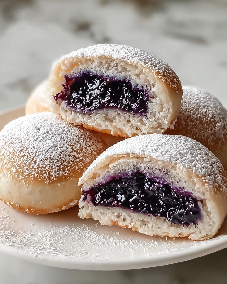 A close-up image shows four small round pastries on a white plate. Each pastry has a thick outer layer of light beige dough with a powdery texture, dusted with white powdered sugar on top. The pastries are cut in half to reveal a dark purple, glossy blueberry filling inside, which contrasts sharply with the pale dough. The filling looks juicy and slightly thick, almost like jam, with some texture of whole blueberries visible. The background surface is a white marbled texture. photo taken with an iphone --ar 4:5 --v 7